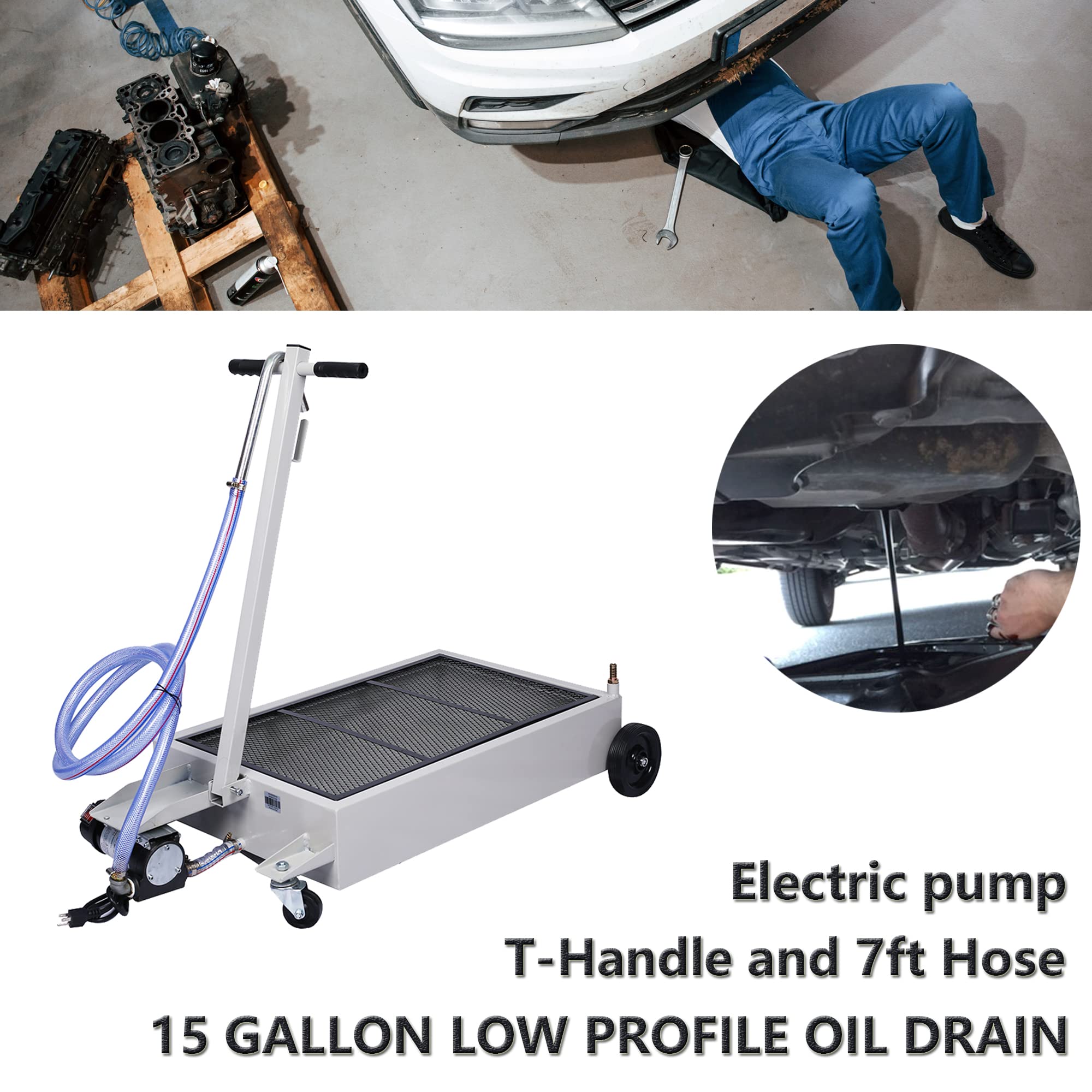 15-Gallon Oil Drain Pan with Electric Pump - Low-Profile Design for Easy Oil Changes, T-Handle for Effortless Draining - Perfect for DIY Car Maintenance, Garage Use & Quick Oil Recycling