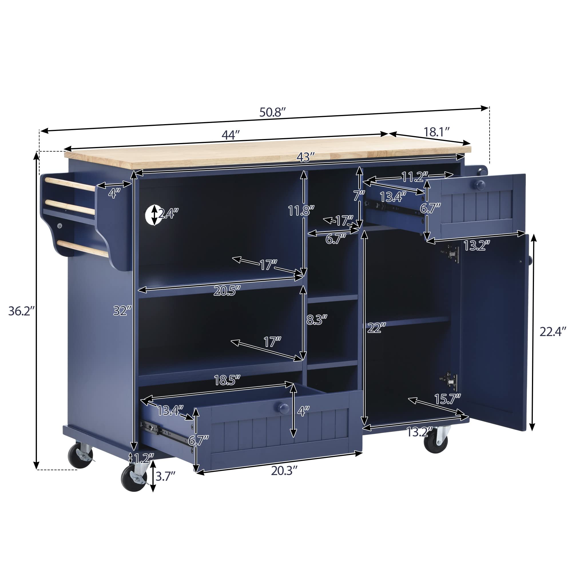 Solid Wood Kitchen Island Cart with Storage Cabinet & Microwave Shelf - Mobile Kitchen Cart for Dining Room, Living Room - Perfect for Small Spaces & Entertaining (Dark Blue)