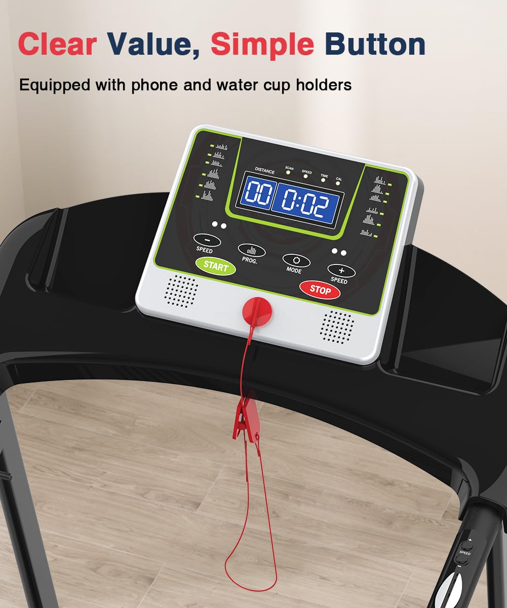 Redliro Foldable Walking Treadmill for Seniors - 300 lbs Weight Capacity with Long Handrail & LCD Display - Home Fitness Exercise Machine with Phone/Cup Holder - Perfect for Elderly Recovery, Low-Impact Workouts & Small Space Home Gyms