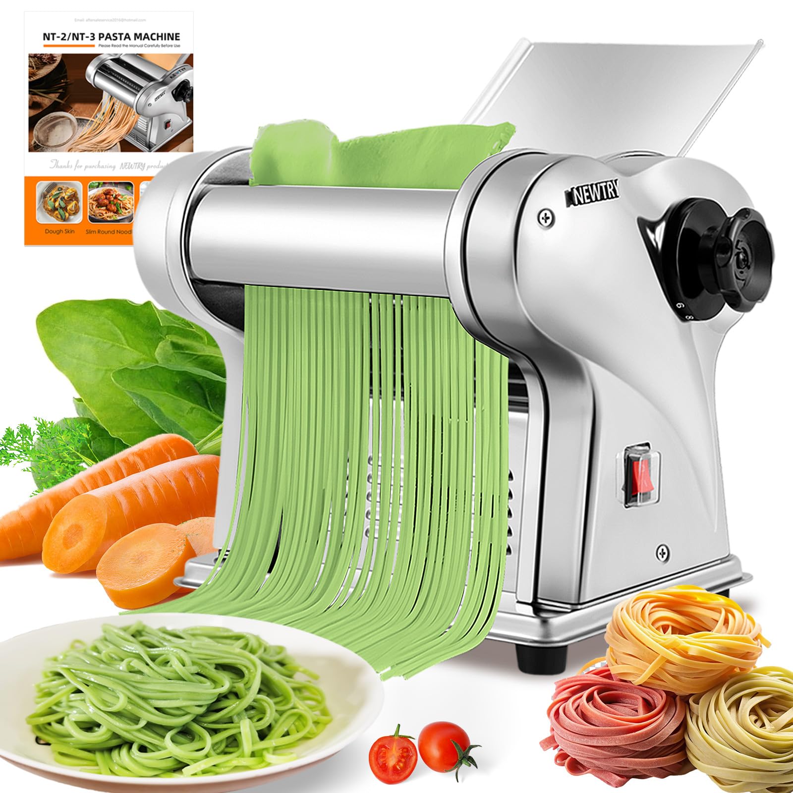 NEWTRY Electric Pasta Maker Machine - Stainless Steel Dough Roller & Cutter with Adjustable Thickness | 110V US Plug | 2 Blades Included | Perfect for Homemade Pasta, Noodles & Dough | Ideal for Family Cooking, Italian Cuisine & Restaurant Use