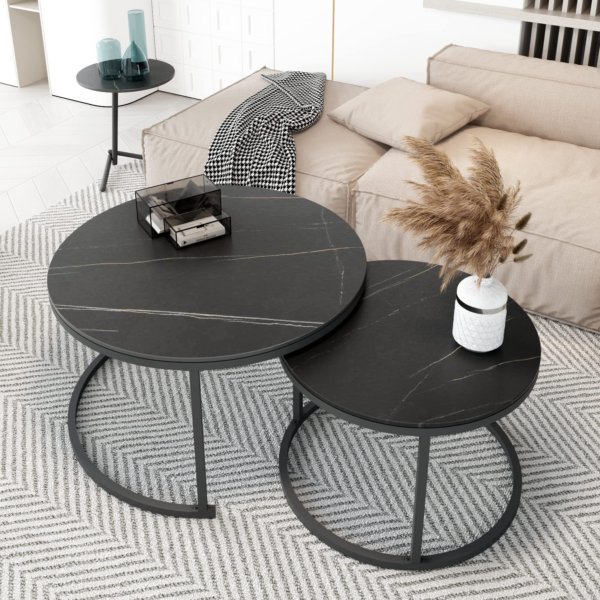 Round Coffee Table Set of 2 with Slate Top & Sturdy Metal Frame - Modern Black & Gold Living Room Coffee Tables for Small Spaces, Perfect for Sofa Sets & Home Decor