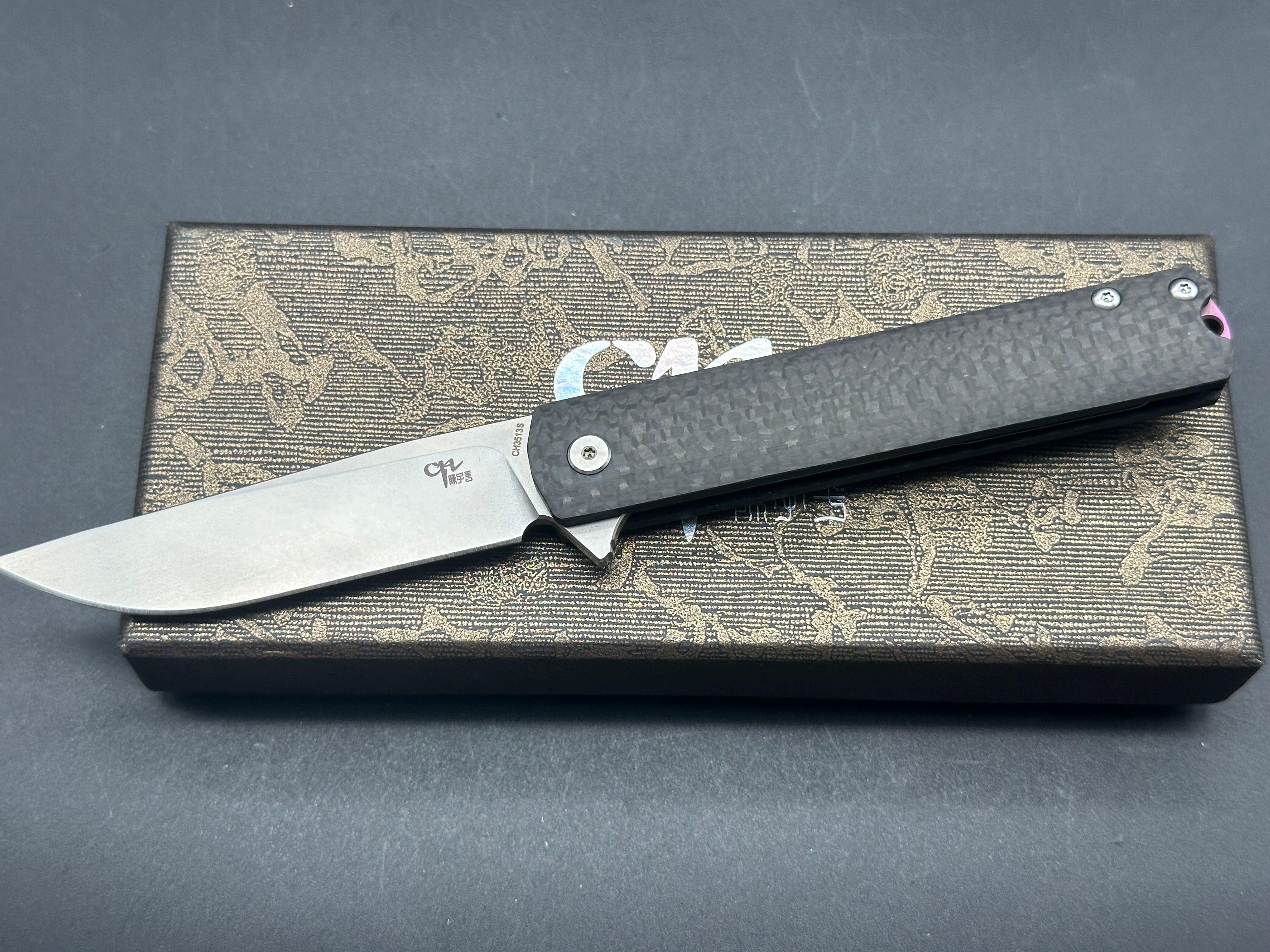 CH Knives 3513S Folding Pocket Knife - M390 Steel Blade, Carbon Fiber Scales, Double Detent Lock | EDC, Outdoor, Camping, Survival, Tactical Use