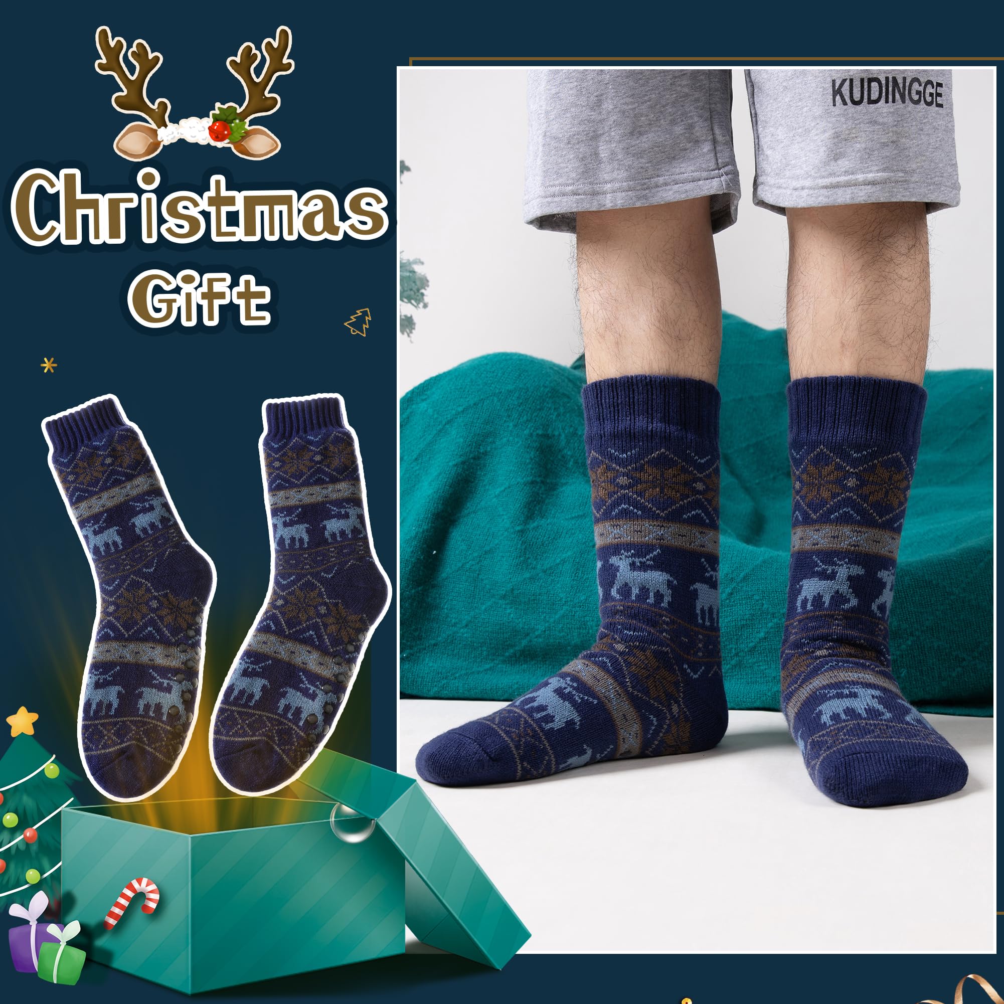 Men's Fleece Lined Thick Winter Slipper Socks - Cozy Non-Slip Fuzzy Home & Sleeping Socks for Cold Weather - Perfect for Indoor Lounging, Bedtime & Winter Comfort