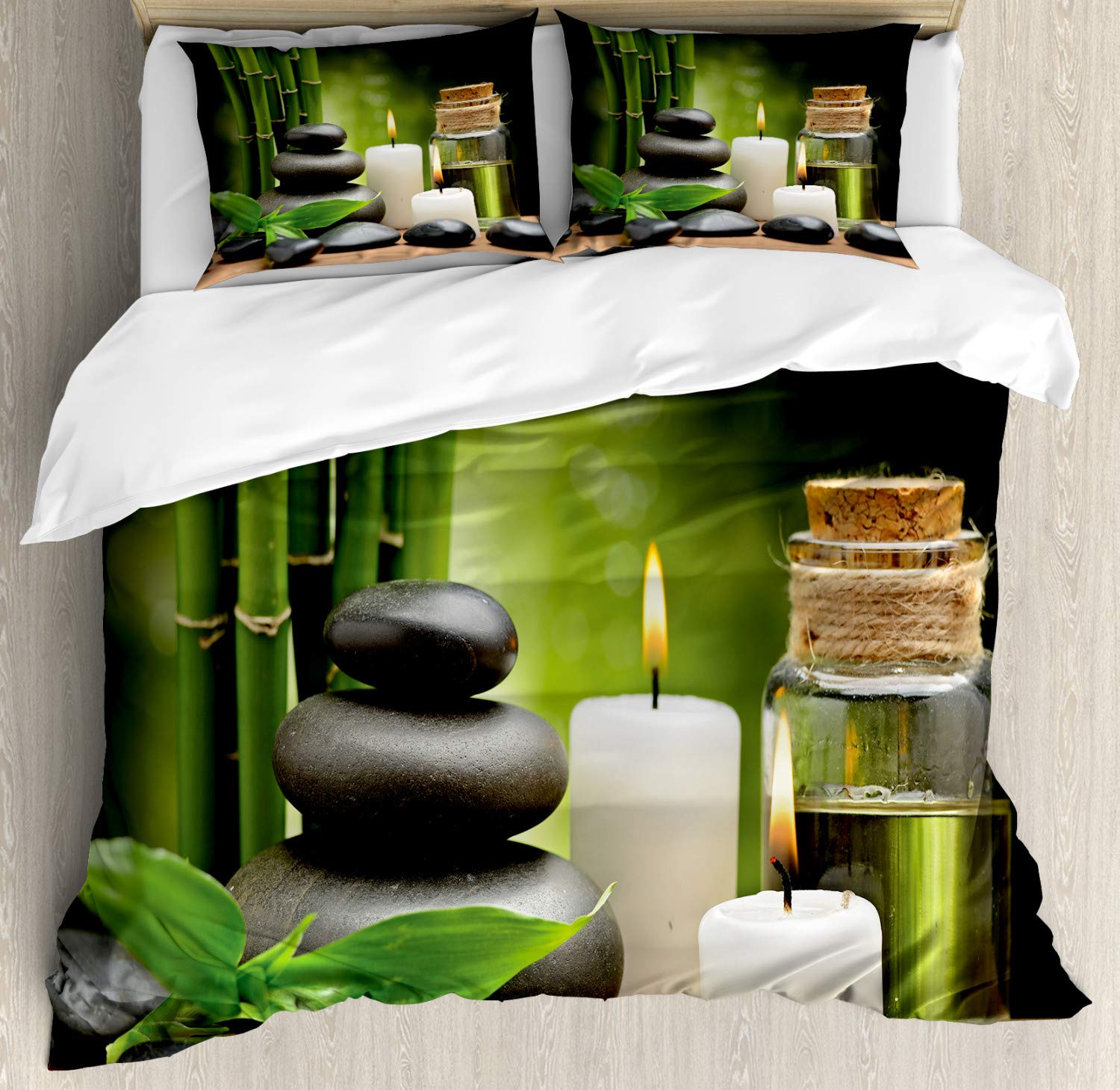 Ambesonne Spa Themed Duvet Cover Set - Exotic Rocks, Candles & Tropical Trees Print on Blurry Background, 3-Piece Bedding Set with 2 Pillow Shams, California King Size, White Black Green | Perfect for Relaxing Bedroom Decor, Spa Retreats & Tropical Vacation Vibes