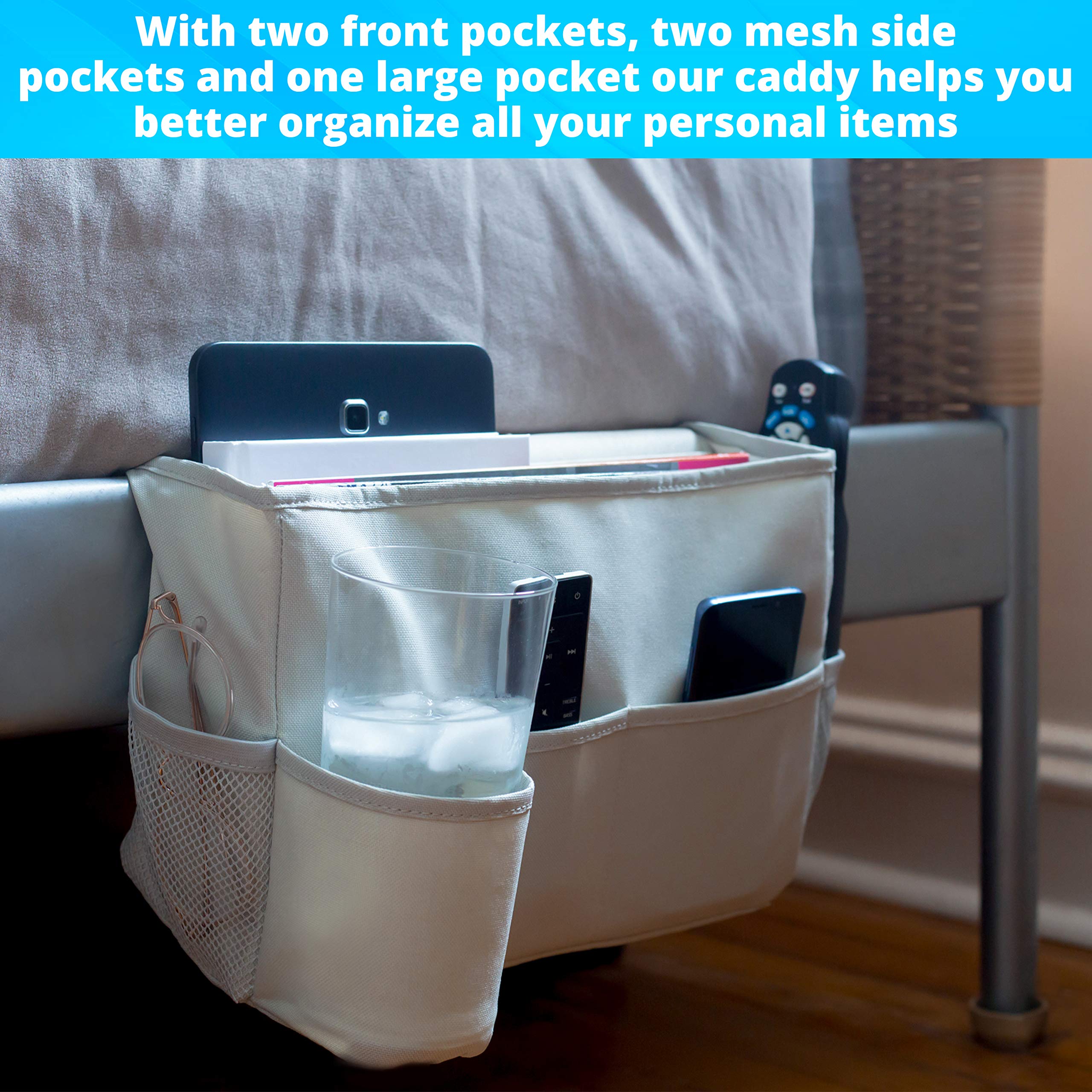 Bedside Caddy Organizer - Hanging Storage Pocket with Cup Holder for Bunk Beds, Loft Beds & Platform Frames - Perfect for Dorm Rooms, College Students & Small Space Organization (Keeps Books, Phone, Remote & Essentials Handy)