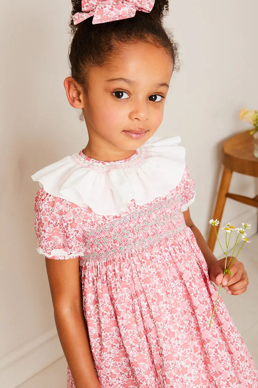 Emilia Floral Hand Smocked Ruffle Collar Short Sleeve Baby Girl Dress - Pink (Size 12 Months to 10 Years) | Perfect for Birthday Parties, Photo Shoots & Special Occasions