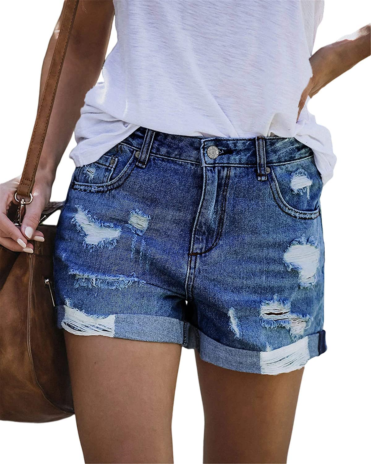 Women's Stretchy Denim Jean Shorts with Button Pockets - Comfortable Summer Shorts for Casual Wear, Beach Outings & Outdoor Activities