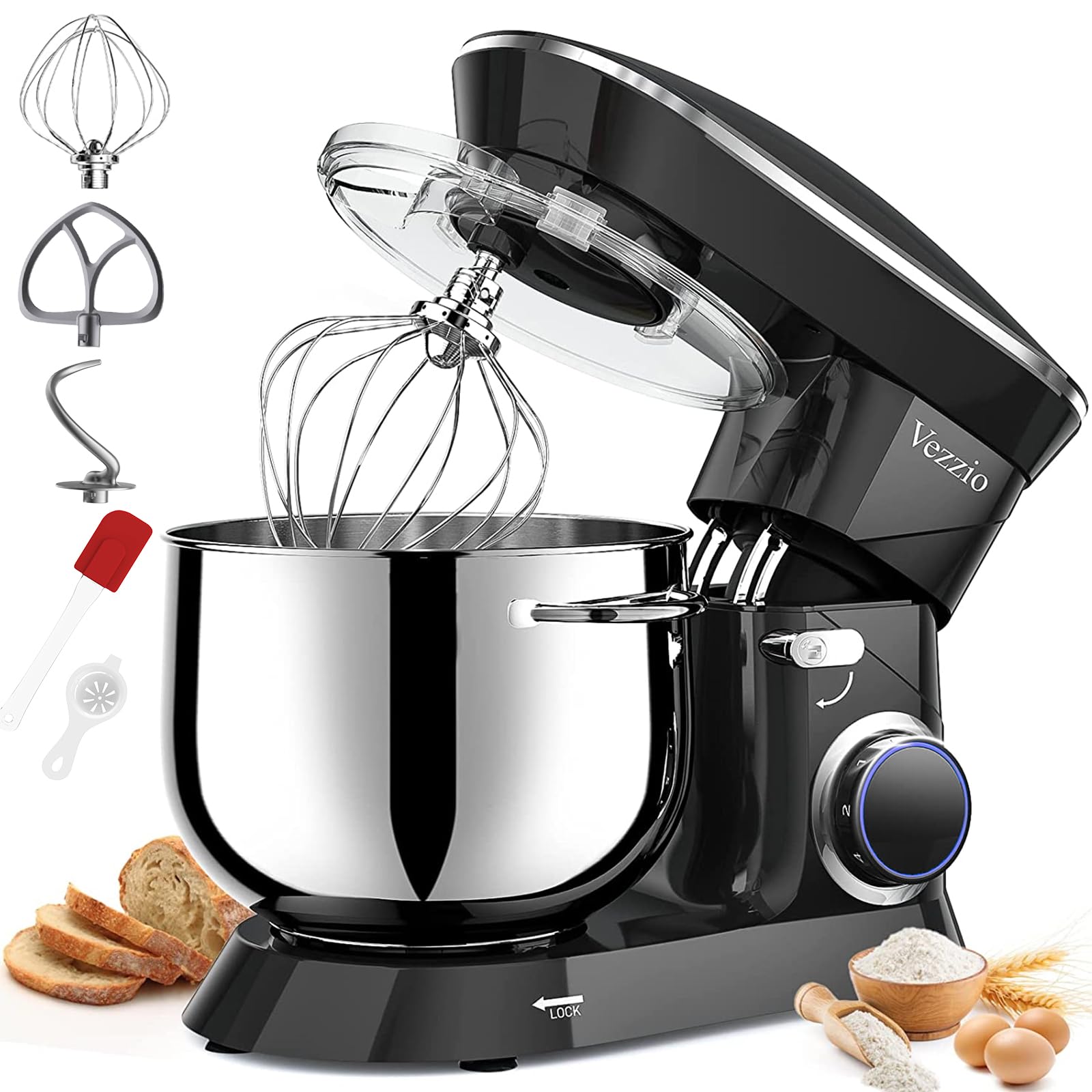Vezzio 660W 10-Speed Tilt-Head Stand Mixer with 9.5 Qt Stainless Steel Bowl - Dishwasher Safe Attachments for Baking, Whipping, Kneading Dough - Perfect for Cakes, Cookies, Bread Making in Home Kitchens (Black)