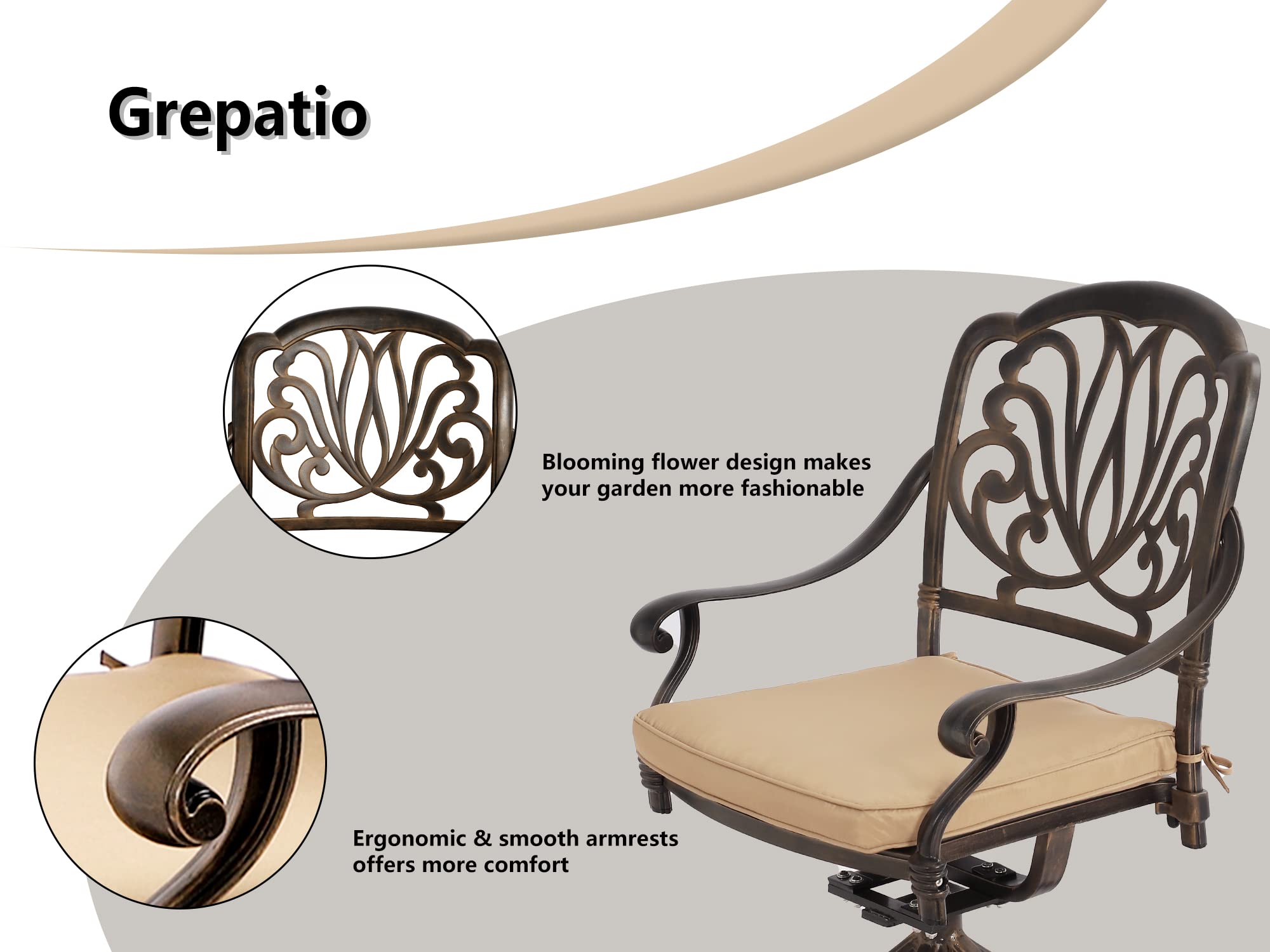Grepatio 7-Piece Outdoor Patio Dining Set - Cast Aluminum Furniture with 6 Swivel Chairs & Cushions + Weather-Resistant Table - Perfect for Backyard, Garden, Deck, Poolside & Outdoor Entertaining (Khaki)