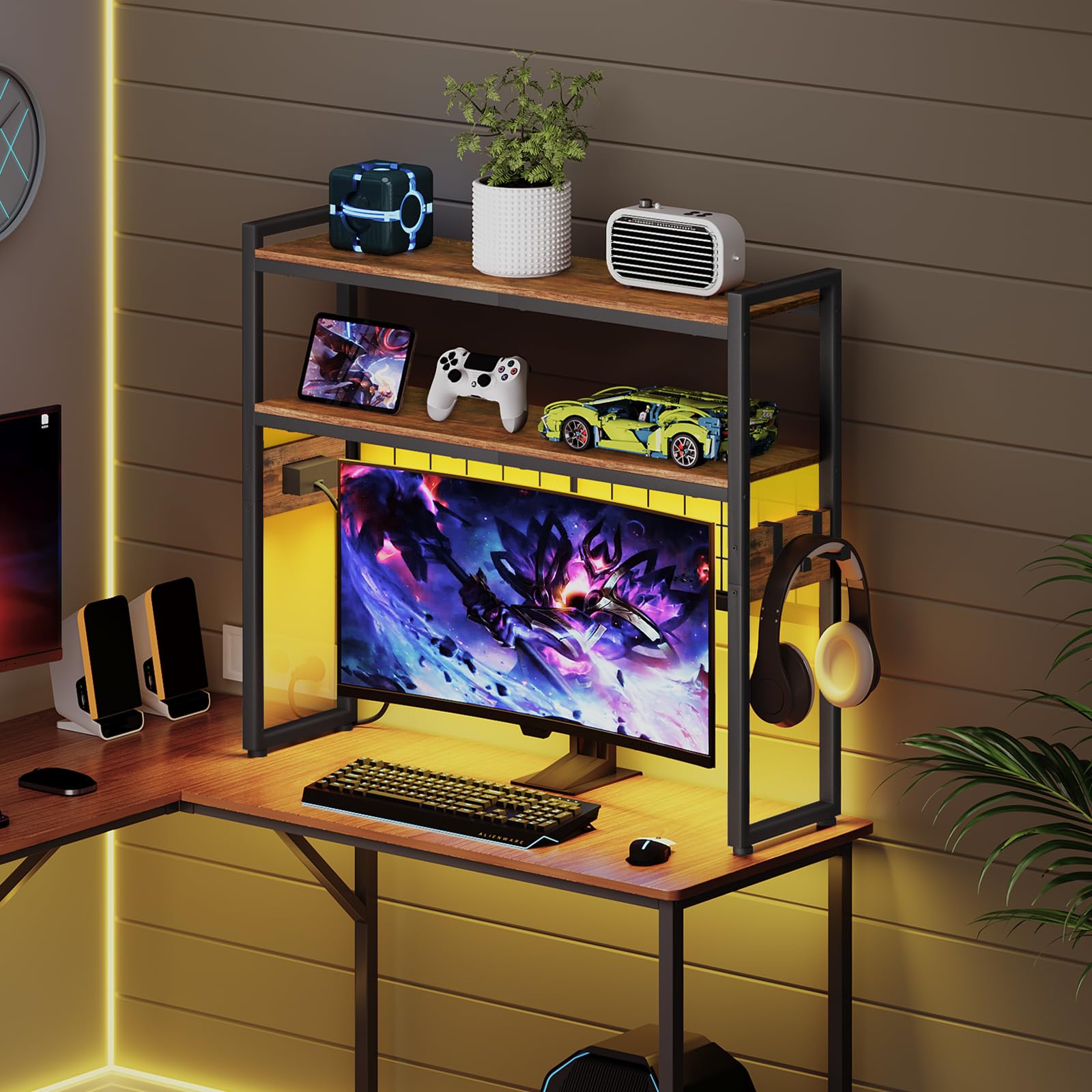 HOOBRO 2-Tier Wooden Desktop Bookcase with LED Light Strip & Power Outlets - 29.9