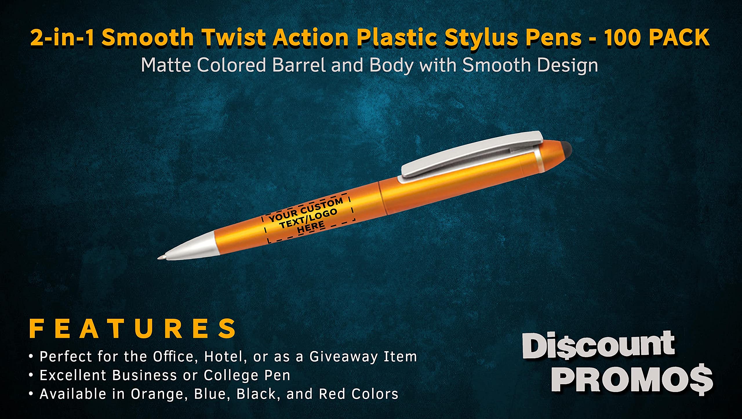 100 Pack Gillette Twist Action Plastic Stylus Pens - Custom Text & Logo Printing - Black Ink Orange Barrel - Bulk Office Supplies for Business Promotions, Trade Shows & Corporate Gifts