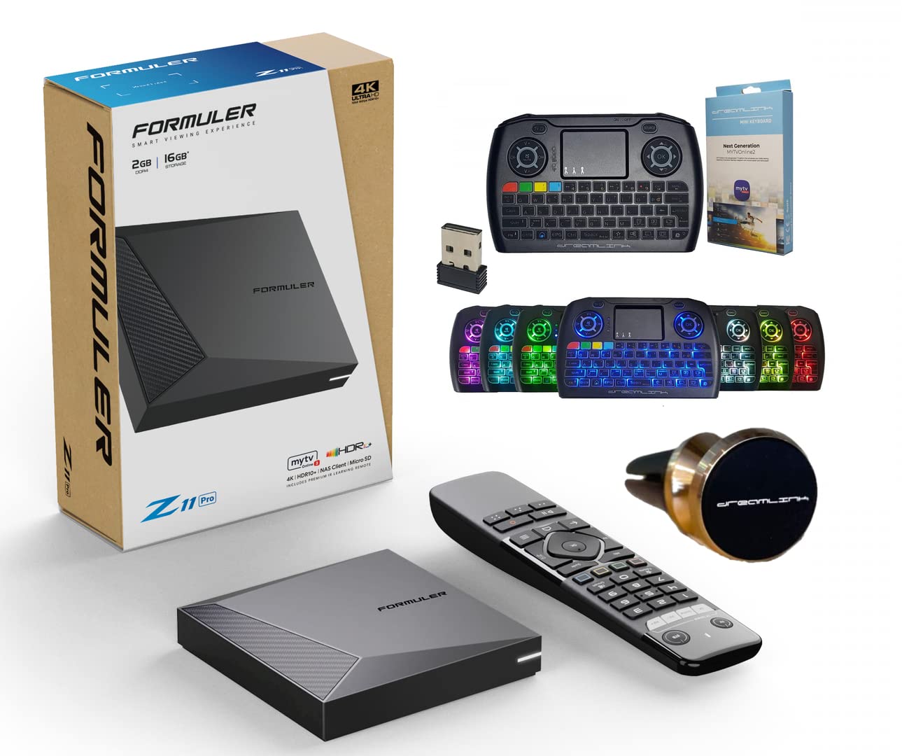 Formuler Z11 Pro Android TV Box - 5G Dual Band WiFi, Gigabit LAN, 2GB RAM, 16GB Storage, 4K Ultra HD Streaming | Includes Wireless Keyboard & Magnetic Car Mount (7 Color Options) - Perfect for Home Entertainment & Car Media System