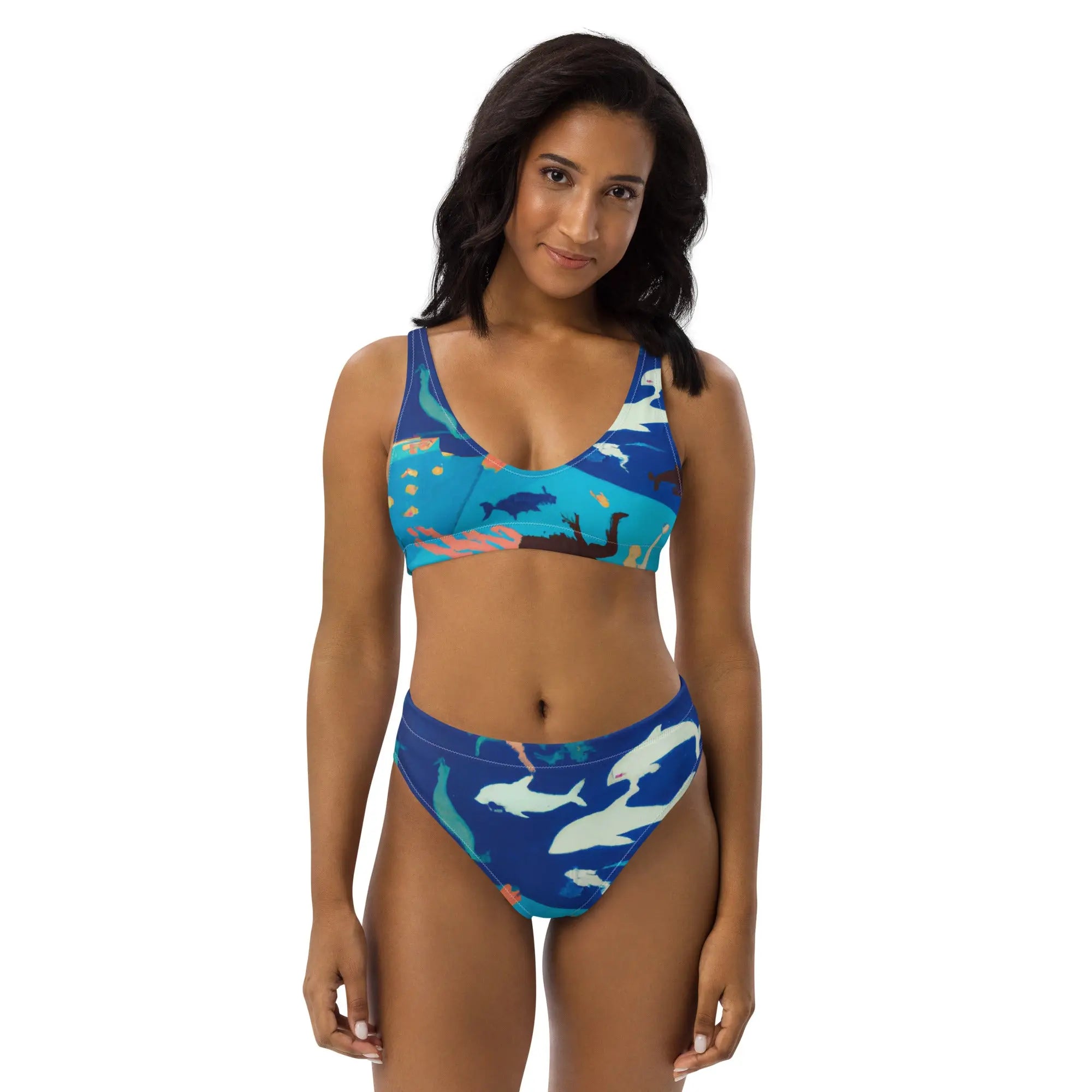 Eco-Friendly High Waisted Bikini Set for Women - Marine World Print Swimwear | Sustainable Recycled Fabric Beachwear for Pool, Vacation & Summer Fashion