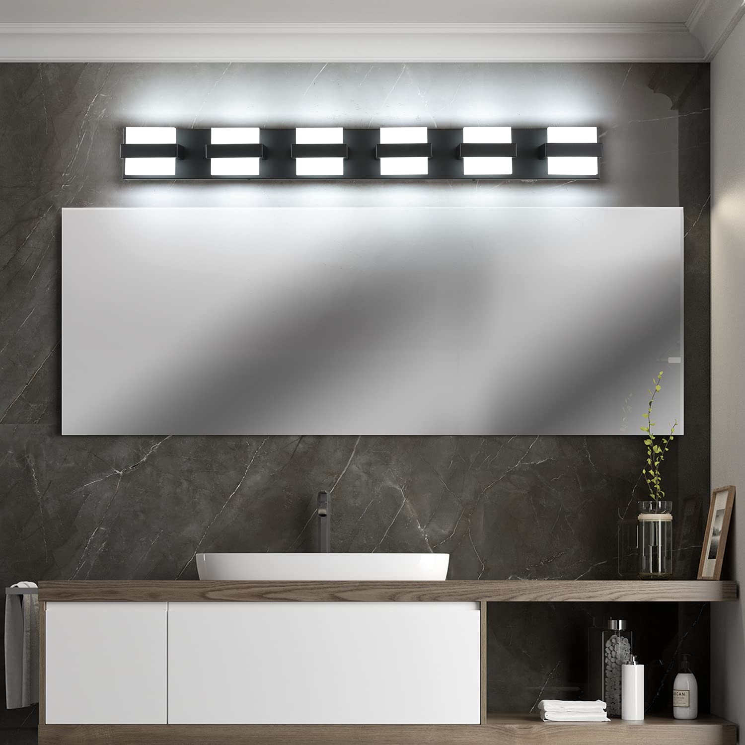 SOLFART 6-Light Black Modern LED Vanity Light - 41 Inch Dimmable Bathroom Mirror Lighting Fixture with White Light | Perfect for Bathroom, Powder Room, Dressing Room & Makeup Area