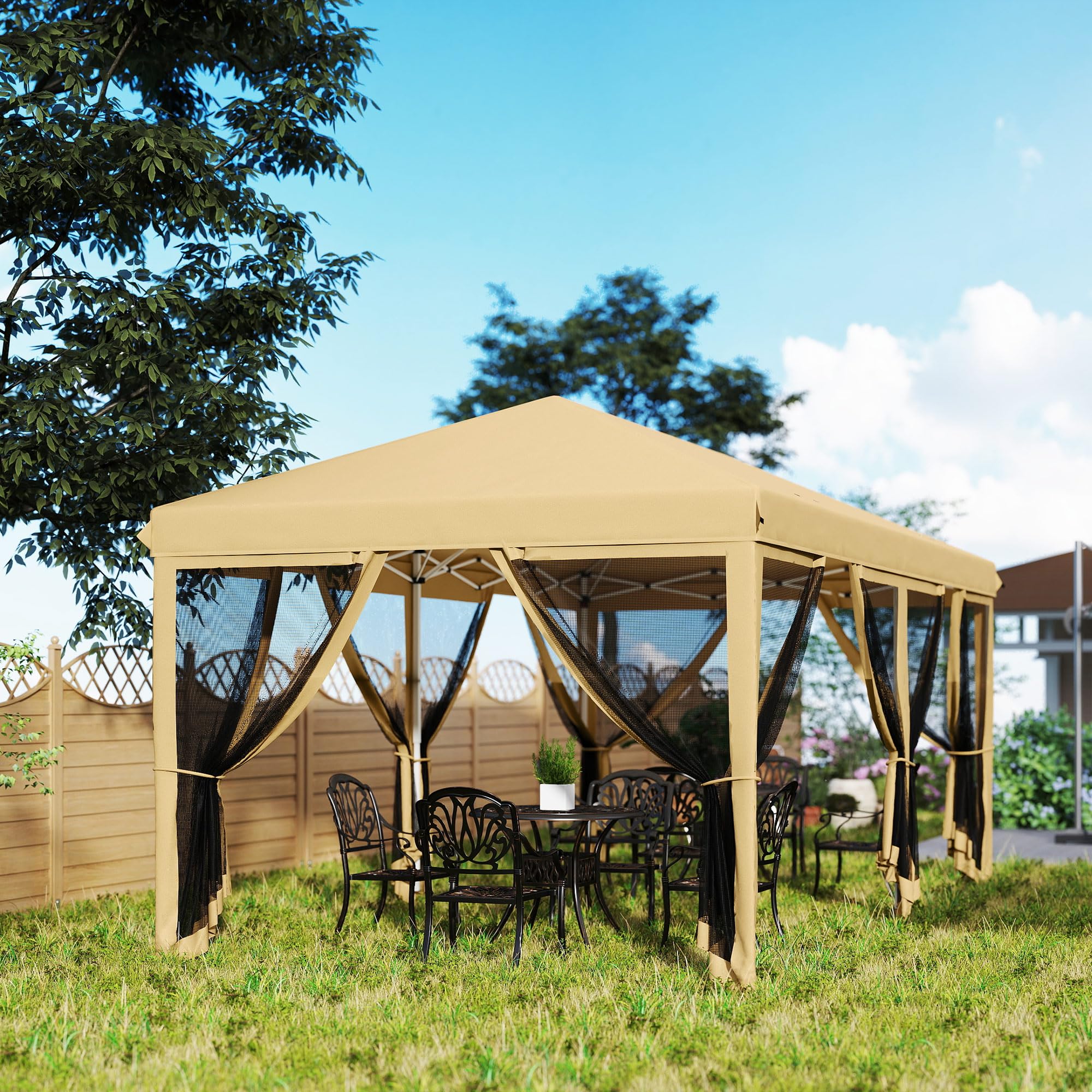 Outsunny 10' x 20' Heavy Duty Pop Up Canopy Tent with Netting - Instant Sun Shelter for Outdoor Parties, Camping, Beach & Backyard - Includes Carry Bag (Beige)