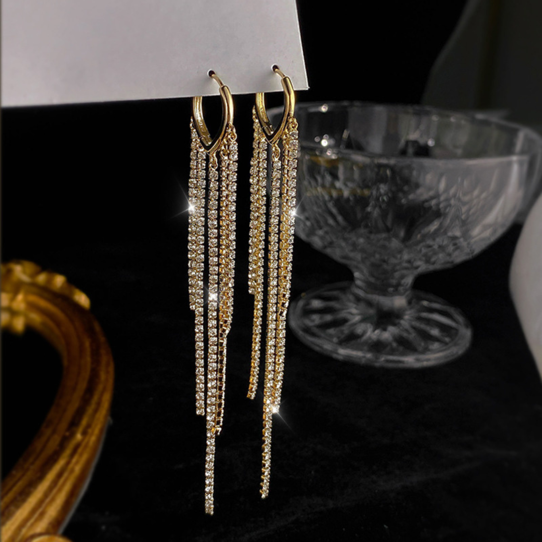 Sparkle Rhinestone Tassel Fringe Hoop Earrings for Women | Elegant Dangle Drop Earrings for Party, Wedding & Evening Out | R5354