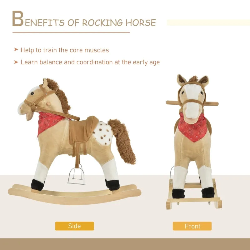 Qaba Kids Plush Ride On Rocking Horse Toy with Realistic Sounds - Soft Rocker for Toddlers 1-3 Years | Cowboy Themed Nursery Decor & Pretend Play Gift