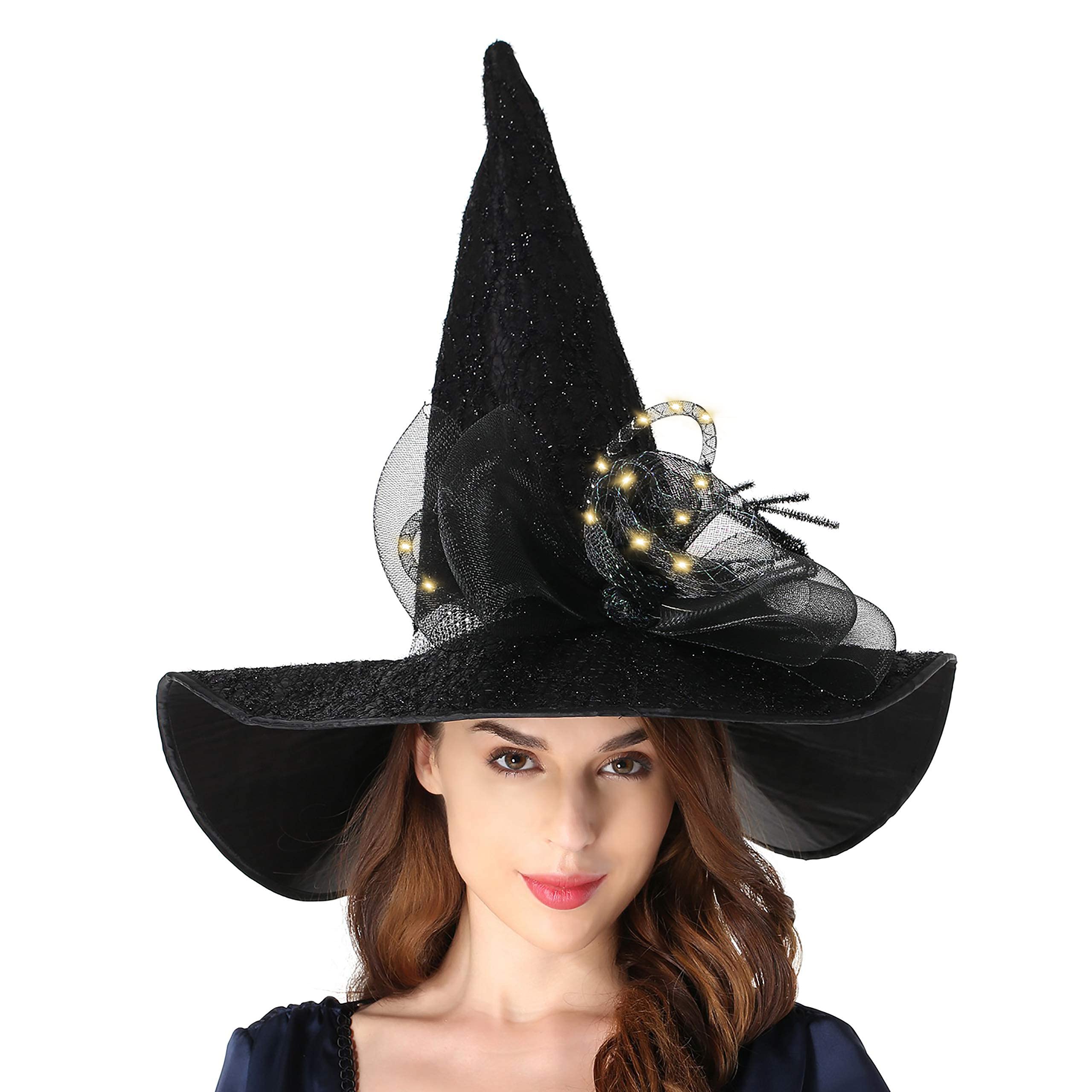 LED Light Up Witch Hat for Women - Black Halloween Costume Accessory with Steeple Top & Built-in Lamp - Perfect for Halloween Parties, Cosplay & Themed Events