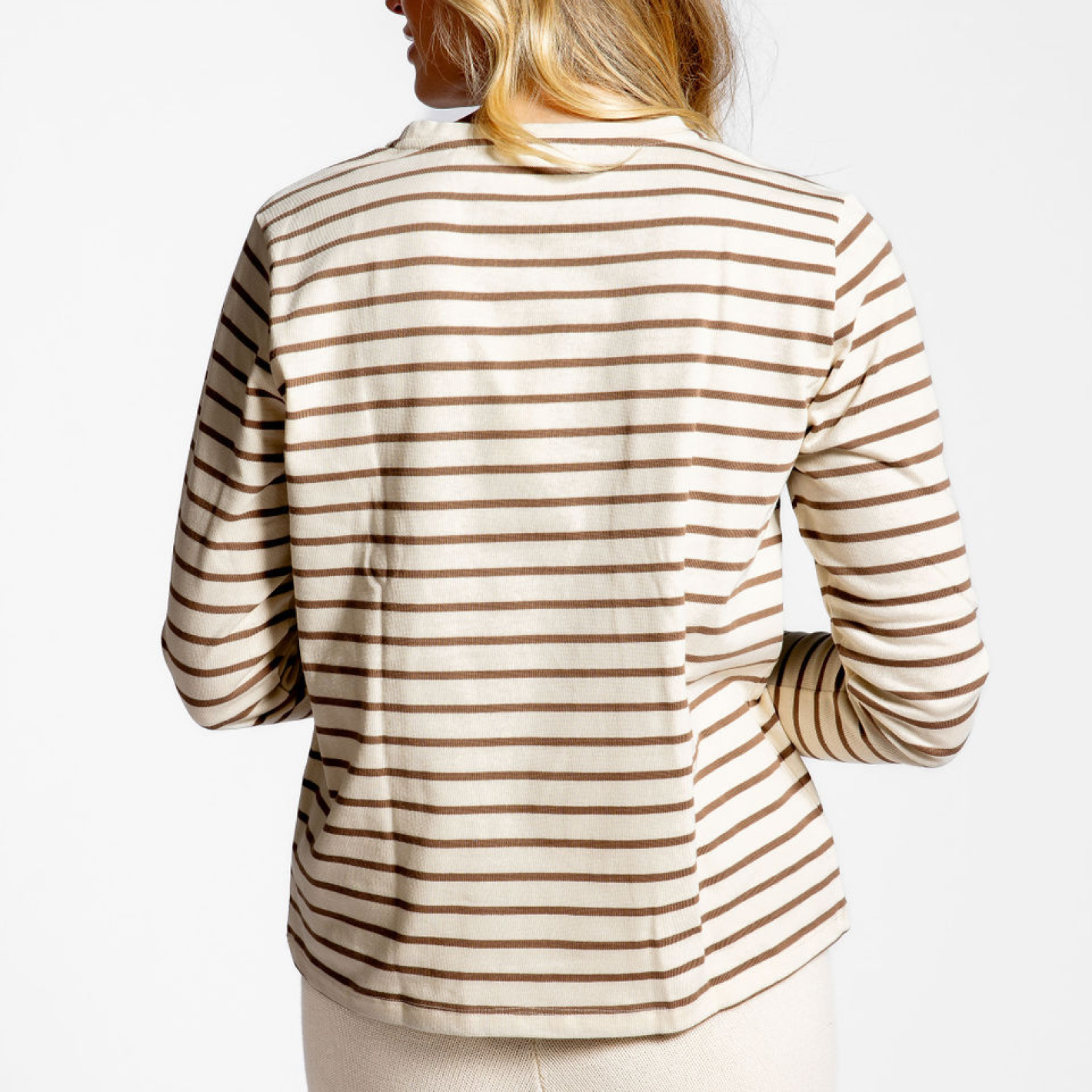 Women's Cream & Mocha Striped Long Sleeve Knit T-Shirt - Soft Casual Top for Fall Layering, Workwear & Everyday Comfort