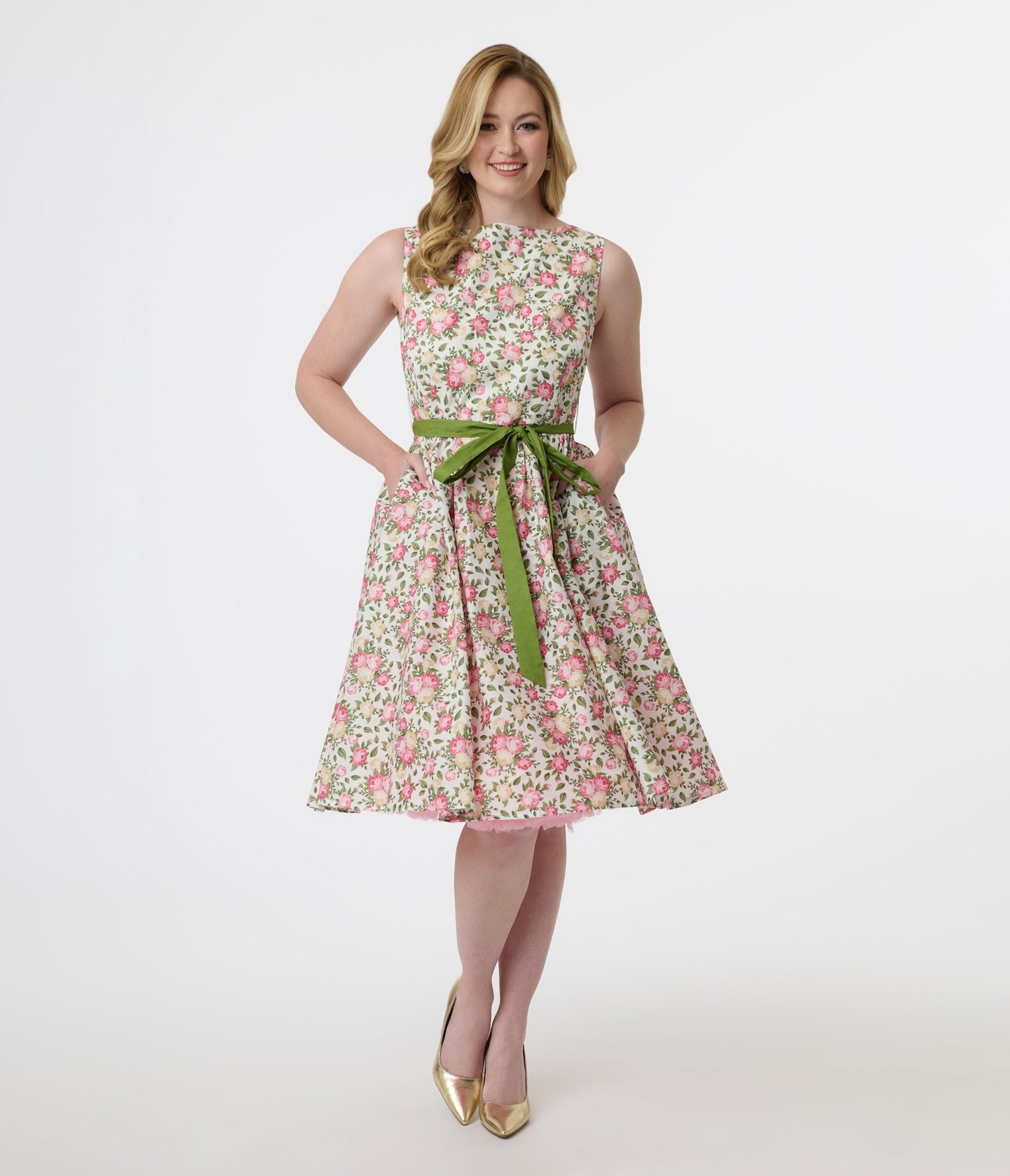 Vintage 1950s Pink & Green Floral Print Cotton Swing Dress - Retro Sleeveless Summer Dress for Women, Perfect for Parties, Weddings & Casual Outings