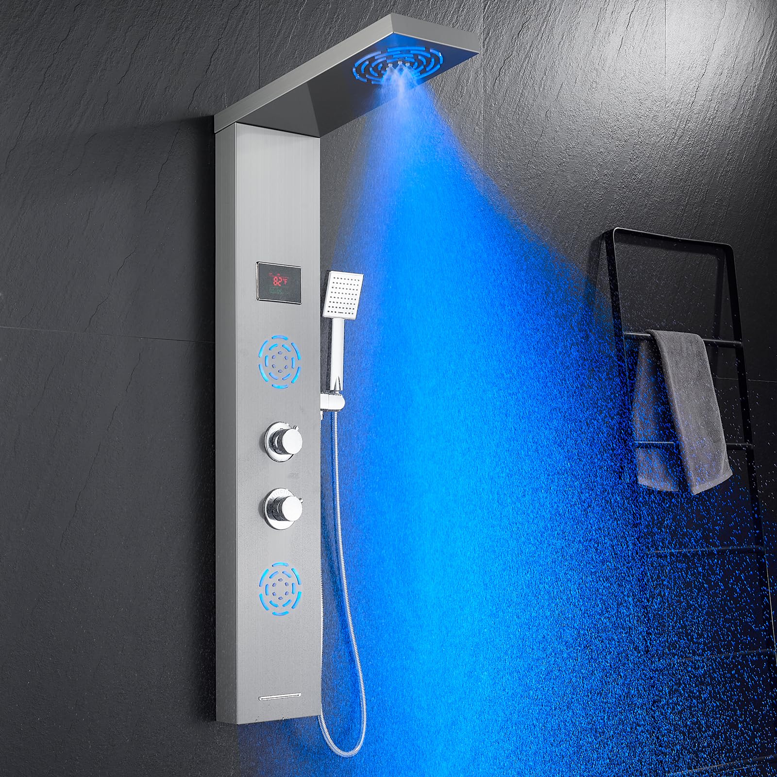 POPFLY LED Shower Panel Tower System with Rainfall Shower Head, 2 Body Jets, Tub Spout & Temperature Display - Brushed Nickel Finish - No Battery Needed - Perfect for Modern Bathroom Renovation and Spa-Like Shower Experience