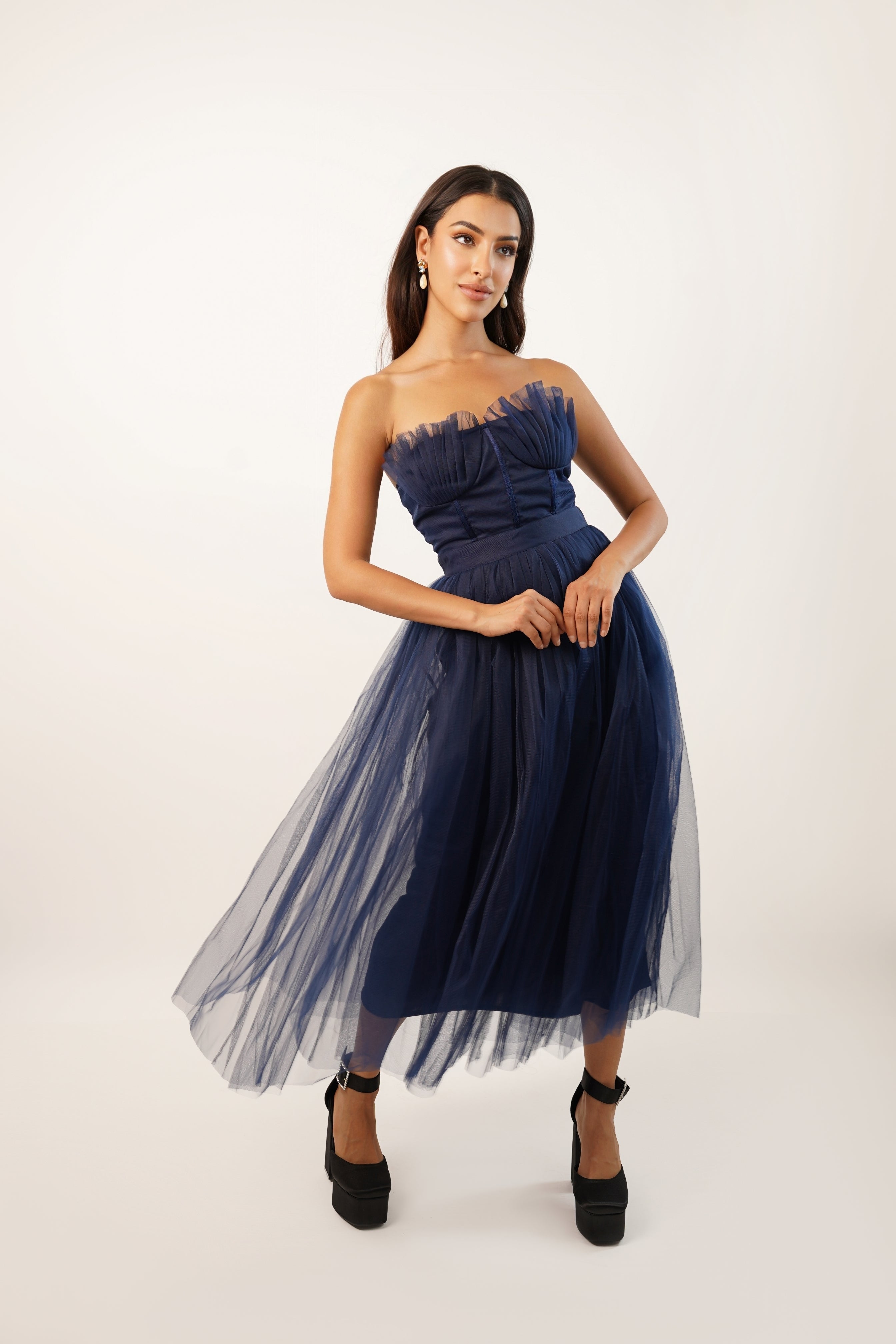 Nimo Dark Blue Tulle Midi Dress with Shell Cups - Elegant Formal Evening Gown for Prom, Wedding Guest & Cocktail Party
