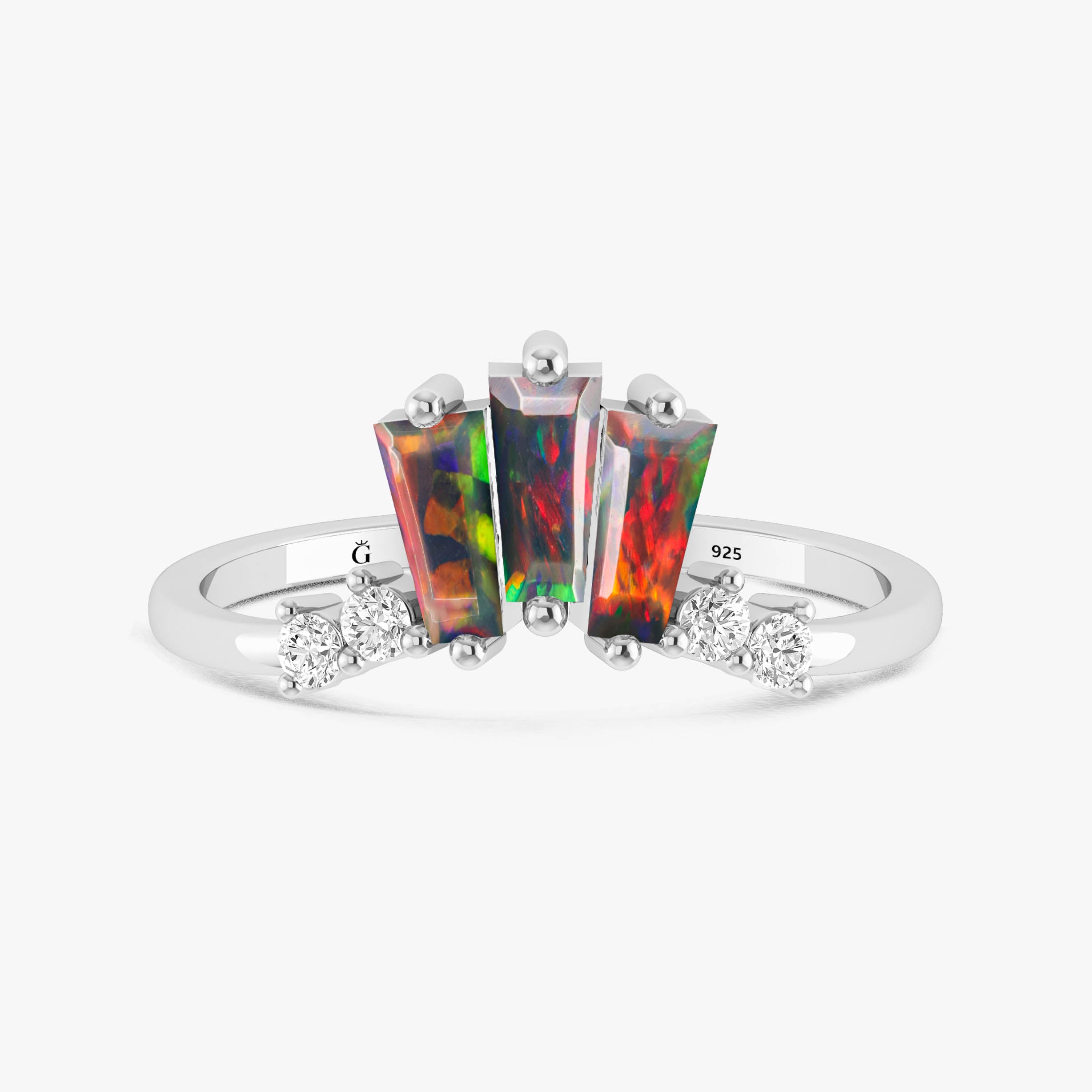 Black Opal Baguette Ring with CZ Stones - Elegant Vintage Style Jewelry for Women, Perfect for Weddings, Anniversaries & Special Occasions