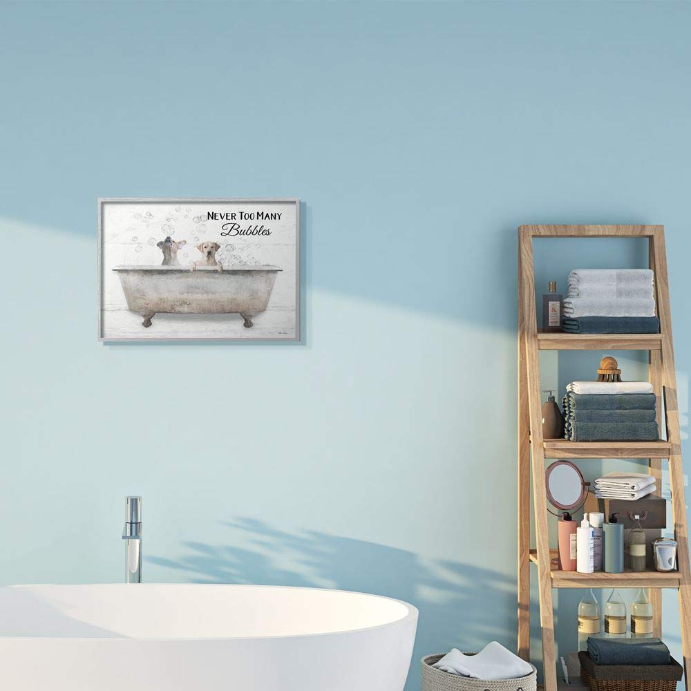 Stupell Industries 'Never Too Many Bubbles' Quote Family Pet Dog Bath Wall Art - 16x20 Grey Framed Canvas by Lori Deiter | Perfect for Bathroom Decor, Dog Lover Gifts & Home Interior Design