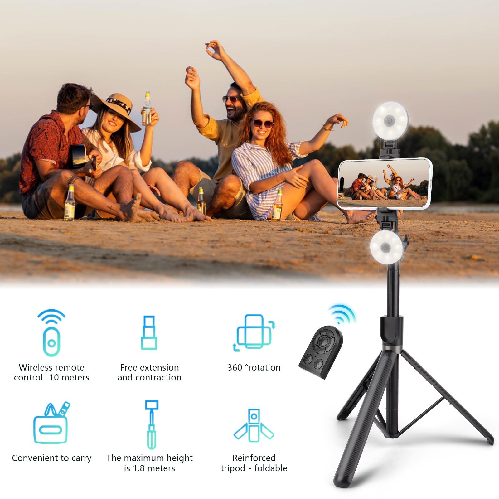 180cm Extendable Phone Tripod Stand with Bluetooth Remote - Adjustable Selfie Stick & Phone Holder for iPhone, Samsung, Android - Perfect for Vlogging, Live Streaming, Photography & Video Recording