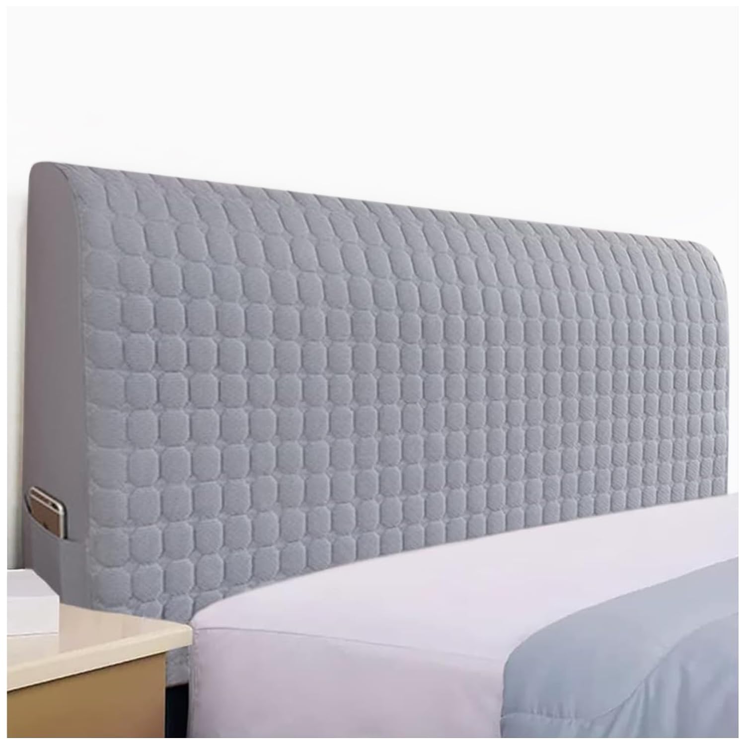 Elastic Bed Headboard Slipcover with Side Pockets - King Size Grey Removable Protective Cover for Bedroom Decor - Perfect for Home, Hotel, and Dorm Room Use