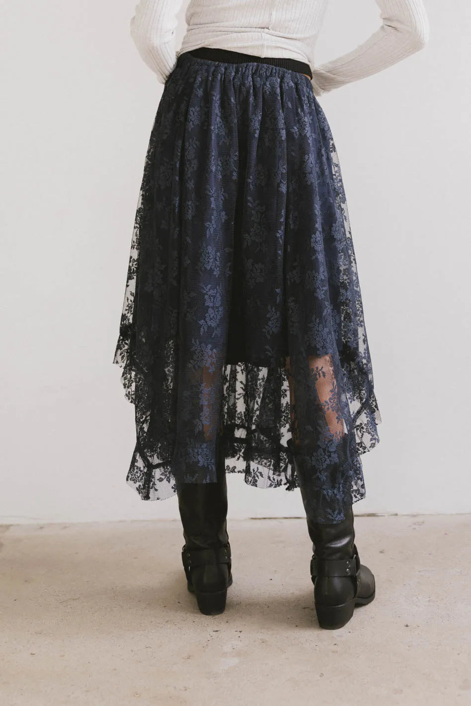 Elsie Navy Blue Lace Midi Skirt for Women | Elegant Floral Design | Perfect for Weddings, Parties & Office Wear | FINAL SALE