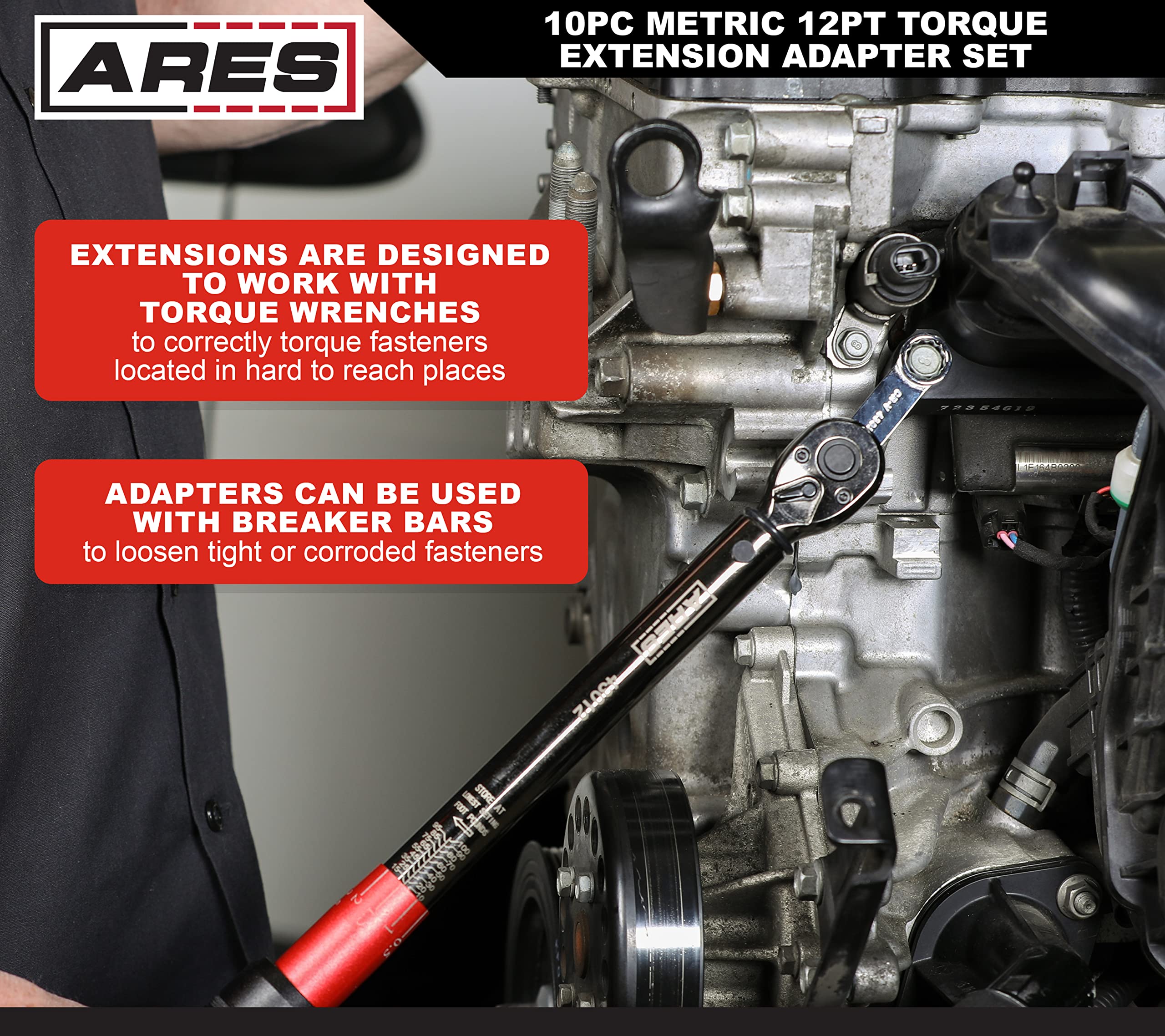 ARES 43036 10-Piece Metric 12-Point Box End Torque Adapter Extension Set - 3/8-Inch Drive Chrome Vanadium Steel Wrench Set with EVA Foam Tray - Perfect for Automotive Repair, Machinery Maintenance and Tightening Bolts in Hard-to-Reach Spaces