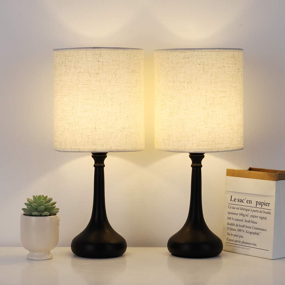 Modern Bedside Table Lamps Set of 2 - Black Metal Base with Ivory White Fabric Shade for Bedroom, Living Room, Office - Soft Lighting for Reading, Relaxing & Home Decor (Bulb Not Included)