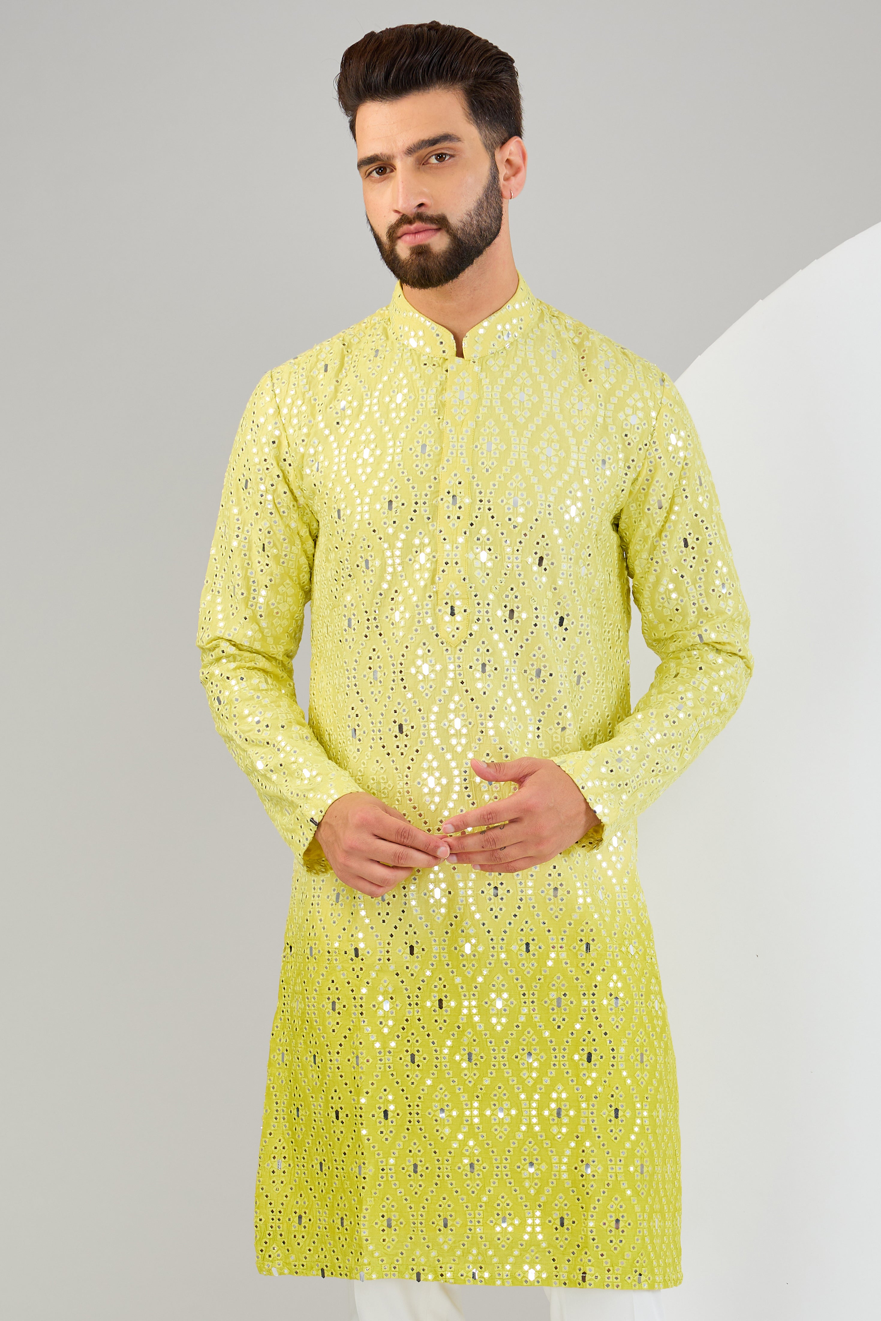 Neon Yellow Ombre Shaded Mirror Work Kurta - Stylish Indian Ethnic Top for Women | Perfect for Festivals, Weddings & Parties