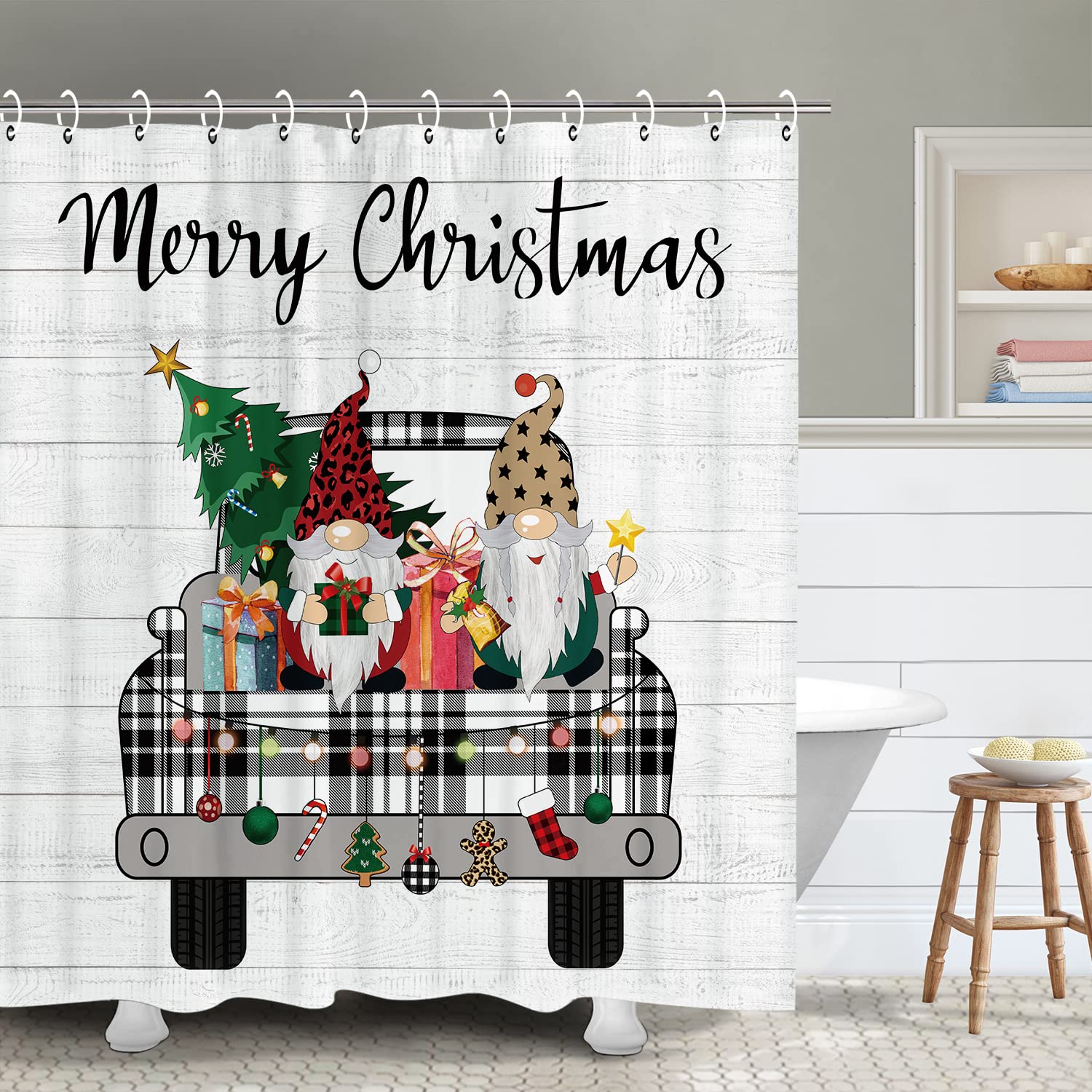 ROSIELILY Christmas Shower Curtain Set with 12 Hooks - 72x72 Inch Merry Holiday Bathroom Decor Featuring Festive Dwarf & Gift Cart Design - Perfect for Christmas Bathroom Makeover, Holiday Party Decorations & Cozy Winter Home Styling