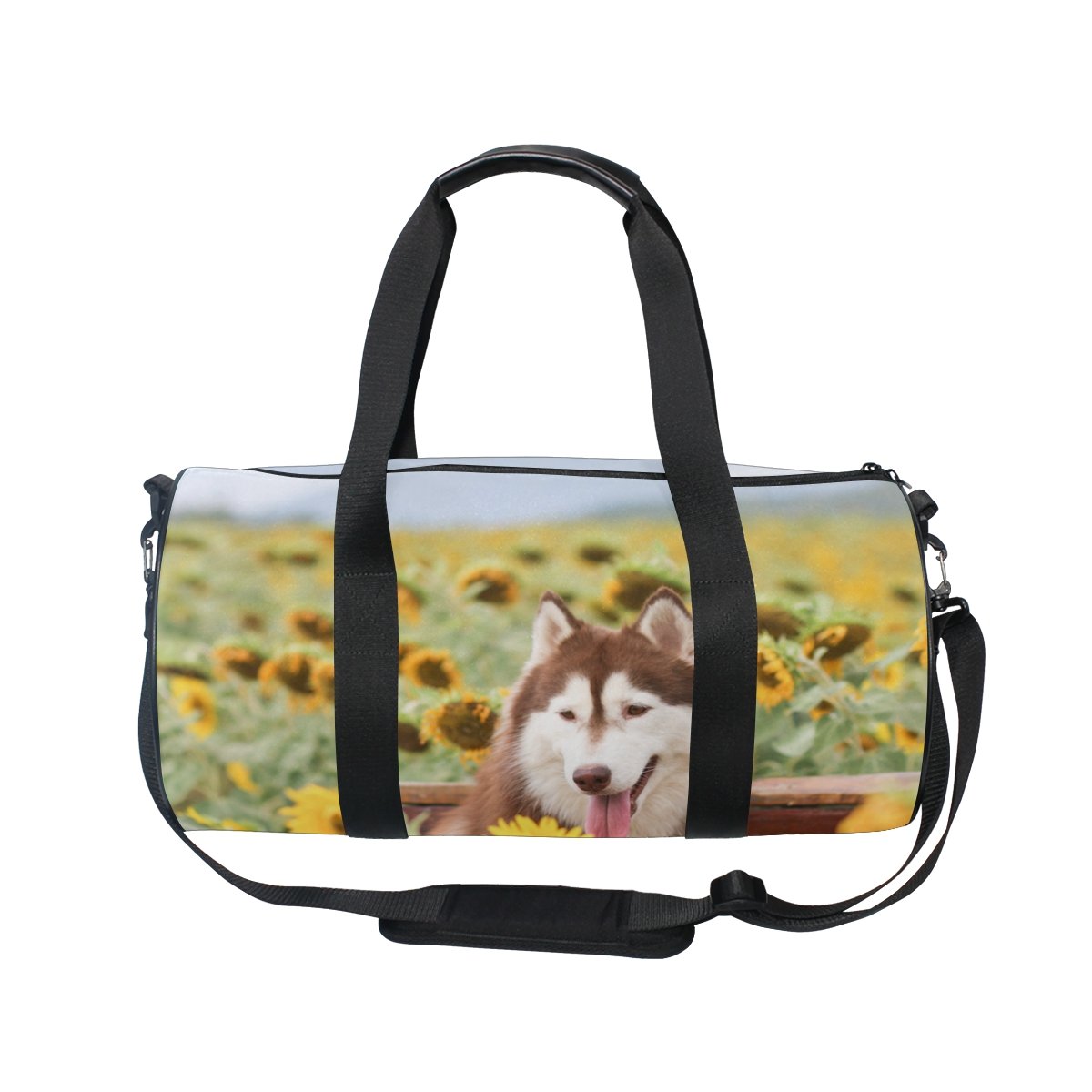 Stylish Cooper Girl Husky Print Sunflowers Jungle Duffel Bag - Durable Travel, Sport & Gym Tote for Women - Perfect for Workouts, Weekend Getaways & Sports Events