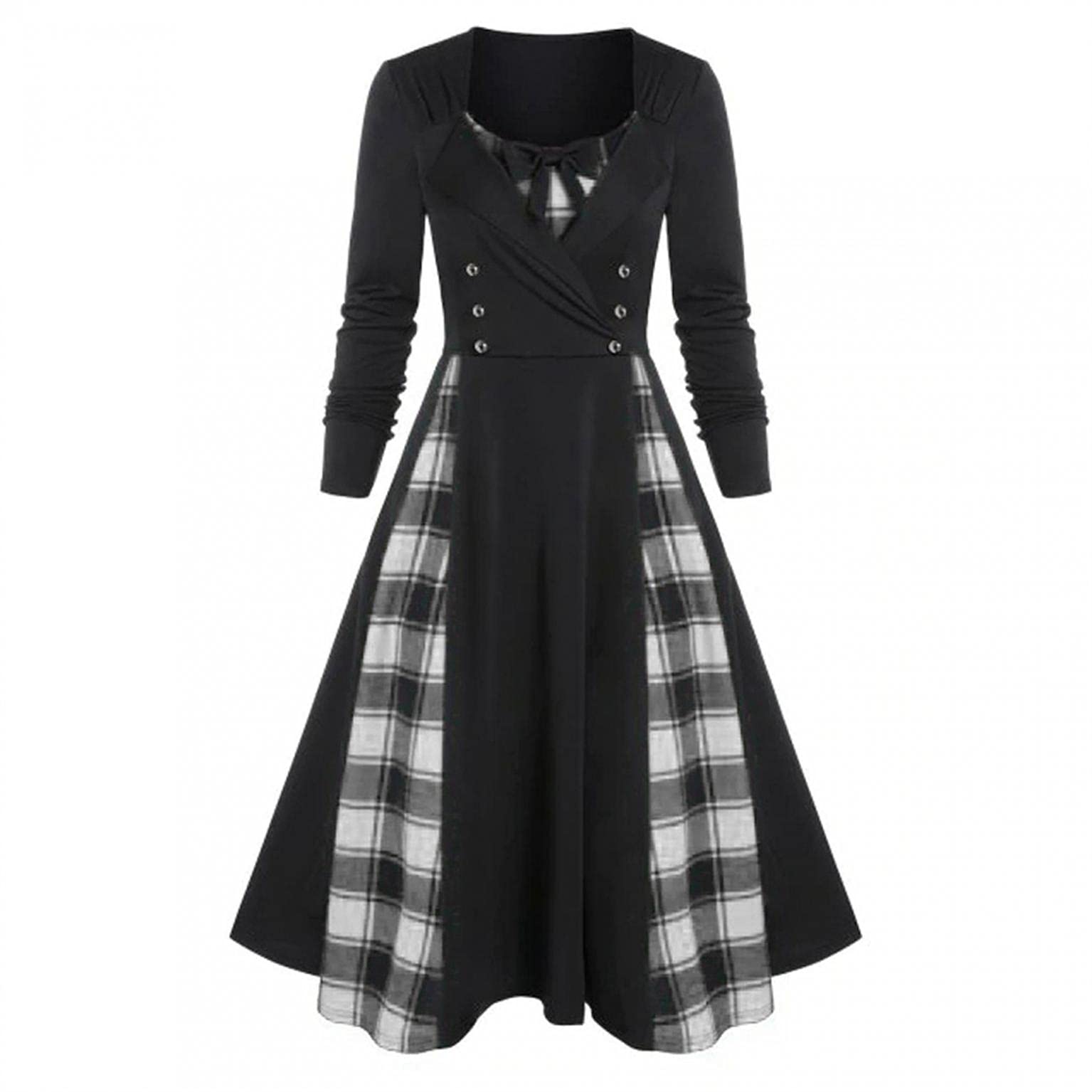 Kcocoo Women's Long Sleeve Plaid & Lace Patchwork Maxi Dress - Retro Empire Waist Button Down Flowy Guest Dress for Casual Wear, Parties & Special Occasions