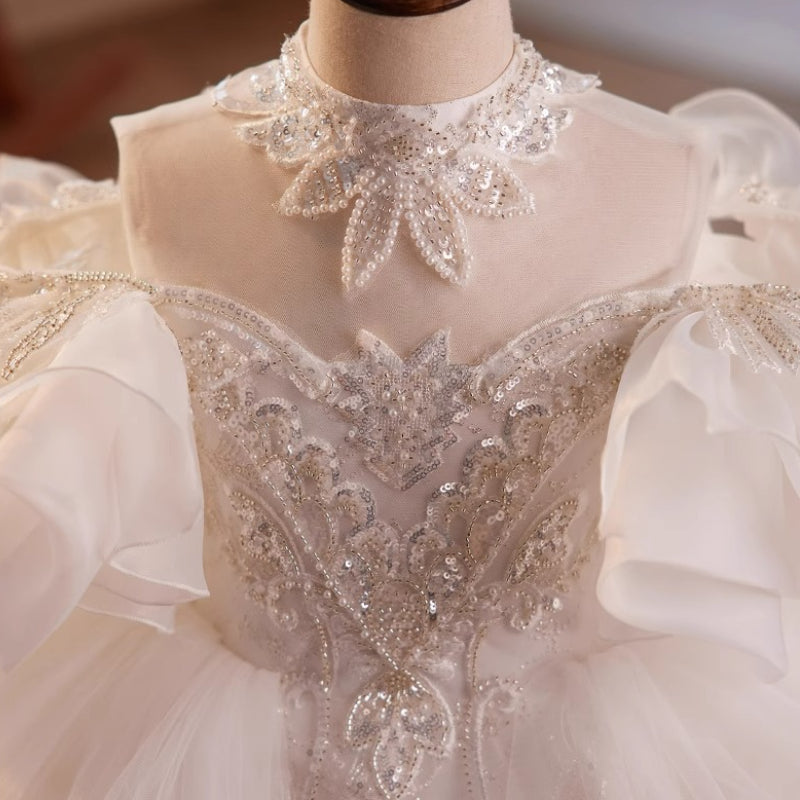 Elegant White Lace Puff Sleeve Princess Dress for Baby Girls - Toddler First Communion Dress - Perfect for Baptism, Christening & Special Occasions