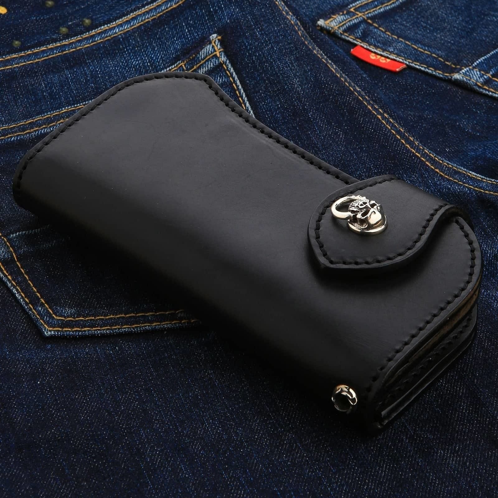Skull Silver Cowhide Leather Biker Wallet for Men - Premium RFID Blocking Motorcycle Wallet with Chain - Perfect for Bikers, Riders & Travelers