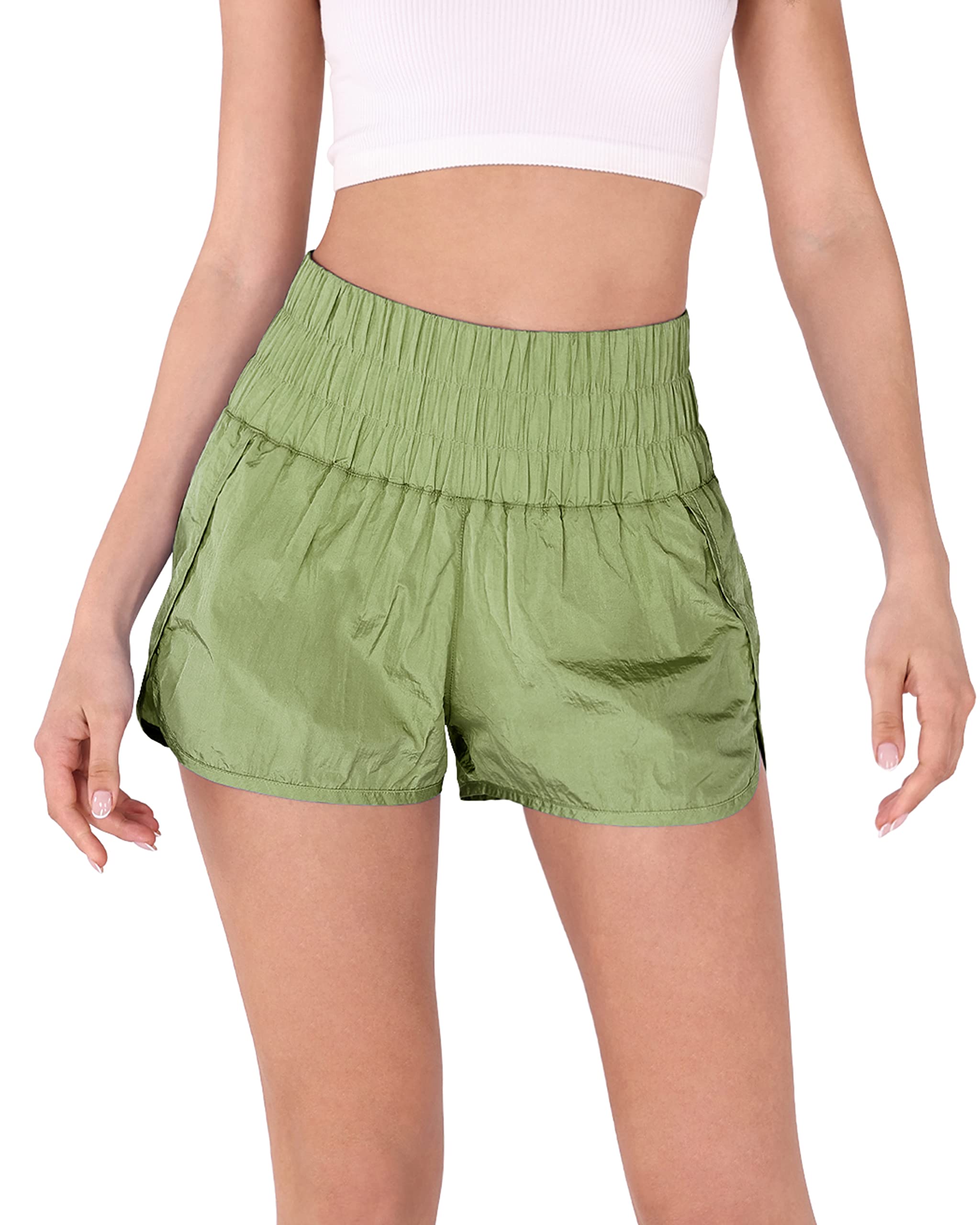 ODODOS Women's High Waisted Athletic Shorts - Elastic Waist Quick Dry Workout Running Shorts with Mesh Back Pocket for Gym, Yoga & Casual Wear