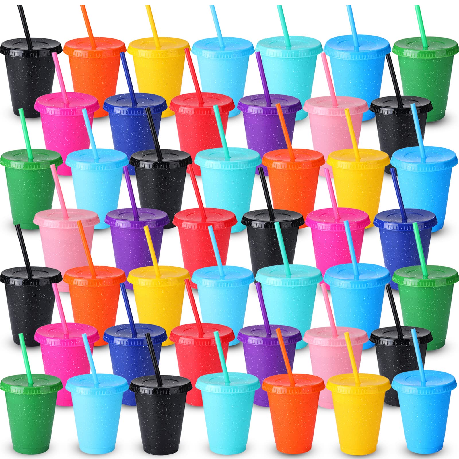 72 Pcs Glitter Reusable Plastic Tumblers with Lids & Straws - 16oz (500ml) Colorful Party Cups for Adults, Birthday Celebrations, Coffee & Cocktails - Bulk Pack for Events, Picnics & Home Use