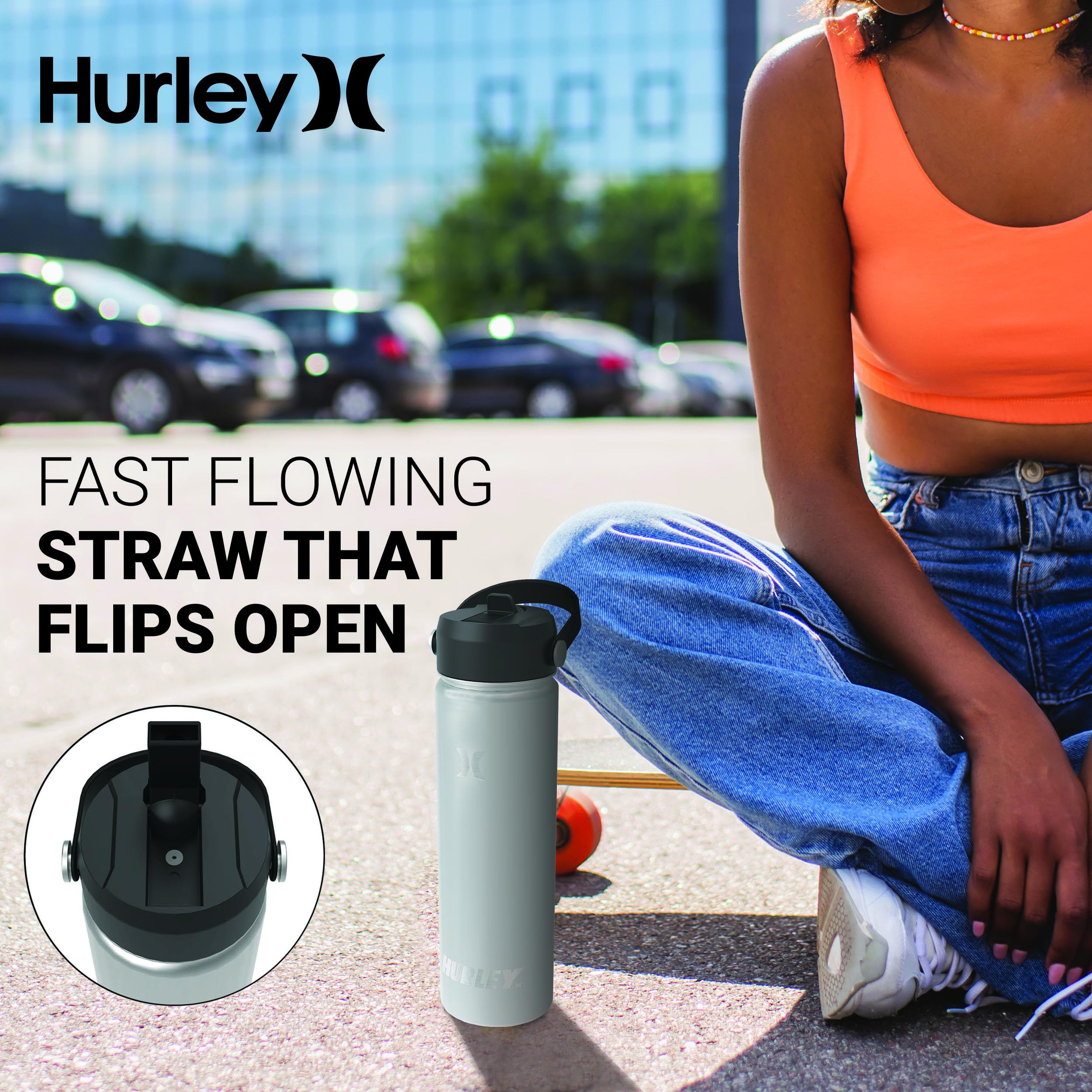 Hurley 20oz Insulated Stainless Steel Water Bottle with Flip Straw Lid - Keeps Drinks Hot & Cold for 24 Hours - Perfect for Gym, Hiking, Travel & Outdoor Activities - Gradient Candy Pop Design