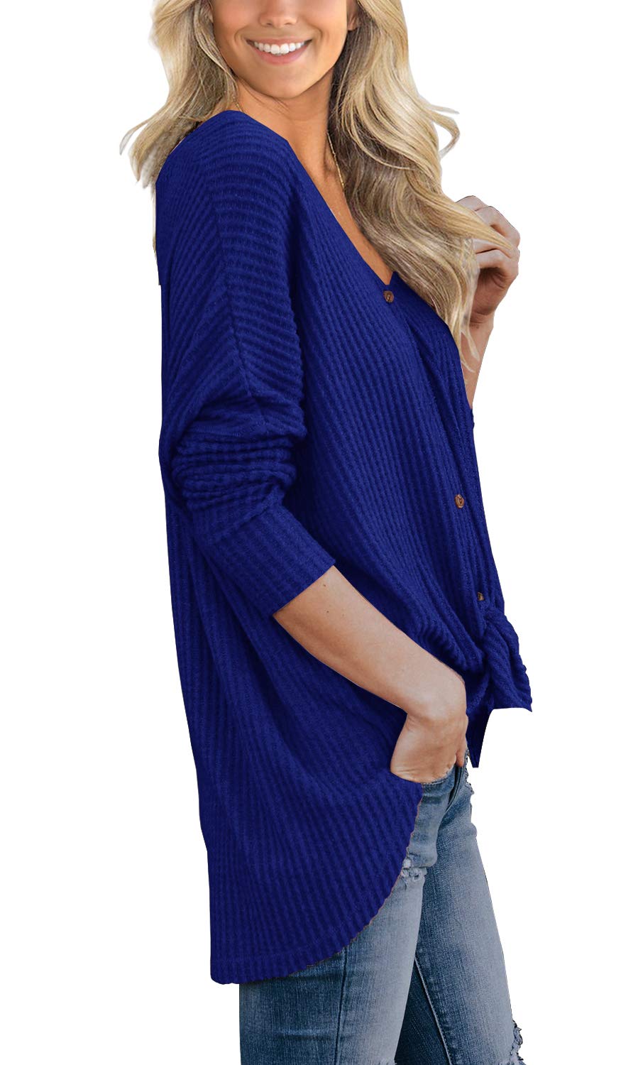 IWOLLENCE Women's Waffle Knit Tunic Blouse - Loose Fit Tie Knot Henley Top with Batwing Sleeves | Casual Plain Shirt for Work, Date Night & Everyday Wear