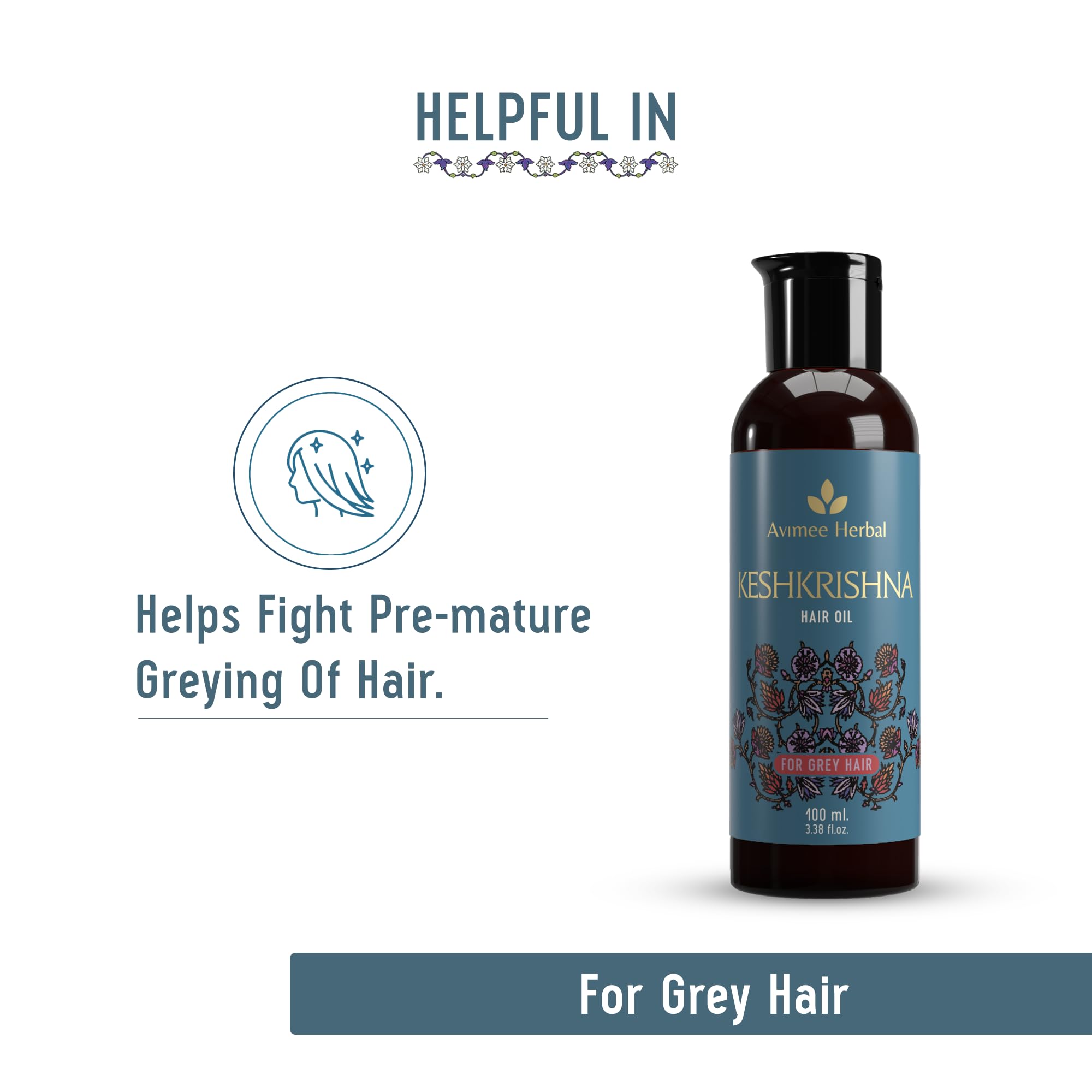 Avimee Herbal Keshkrishna Hair Oil with Indigo, Amla, Curry Leaf & Henna | 100% Natural & Mineral Oil Free | 100ml | Promotes Hair Growth & Prevents Gray Hair | Perfect for Daily Hair Care & Scalp Massage