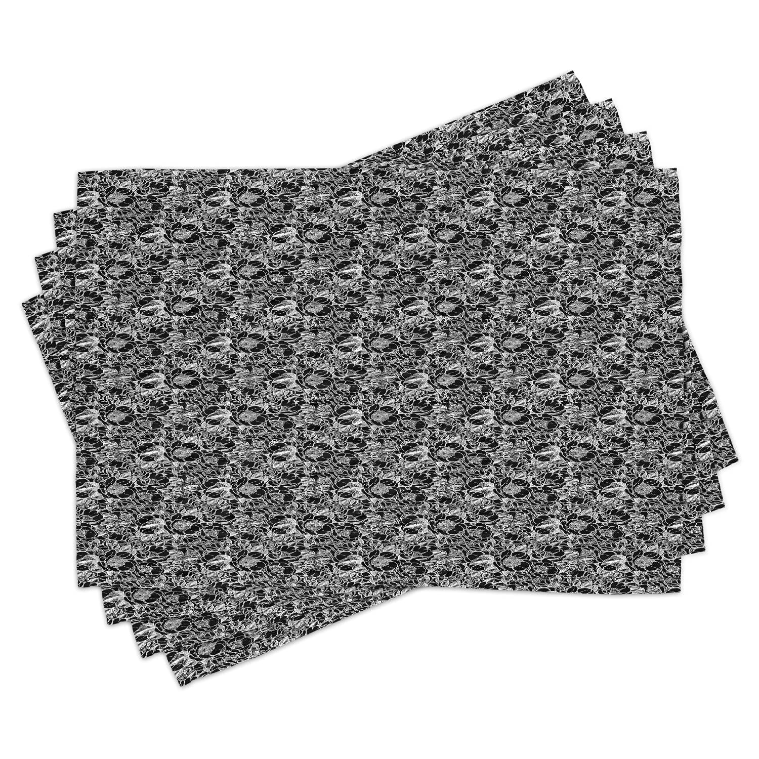 Ambesonne Floral Place Mats Set of 4 - Monochrome Peony Flowers Design, Washable Fabric Table Mats for Dining Room & Kitchen Decor in Charcoal Grey & White | Perfect for Dinner Parties, Holiday Gatherings & Everyday Meals
