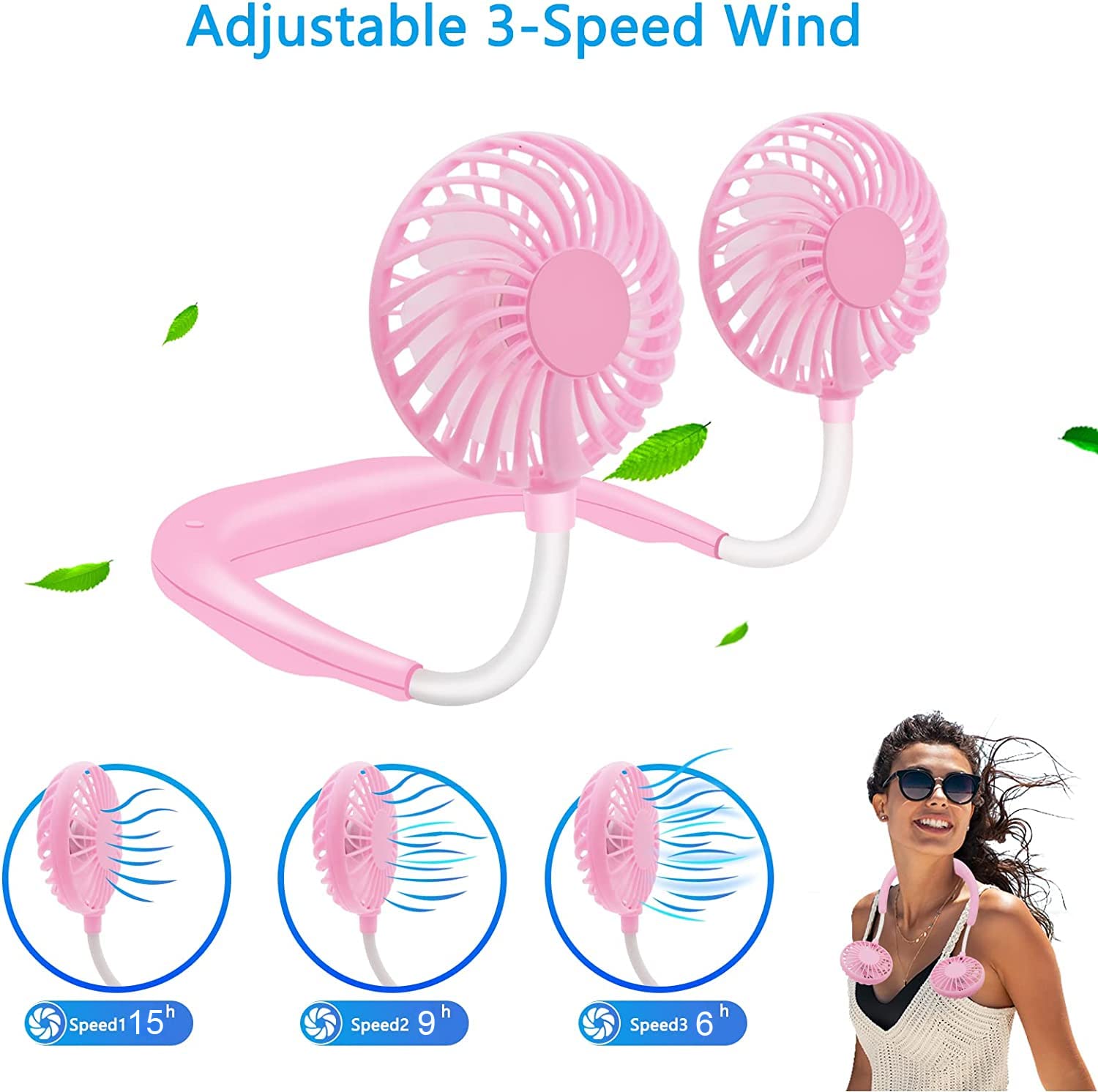 Portable Neck Fan with USB Rechargeable Battery - 360° Dual Head Hands-Free Personal Fan, 3-Speed Adjustable, Lightweight Mini Wearable Fan for Office, Travel, Outdoor, Gym & Home Use - Perfect Cooling Solution for Work, Reading & Exercise
