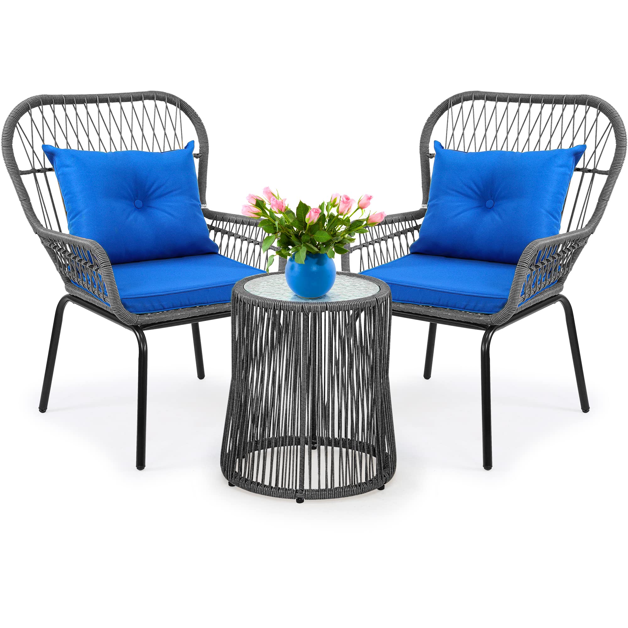 YITAHOME 3-Piece Outdoor Patio Furniture Set - All-Weather Wicker Bistro Chairs with Cushions & Glass Side Table - Gray & Navy Blue Rattan Conversation Set for Backyard, Balcony, Deck, Garden & Poolside Relaxation