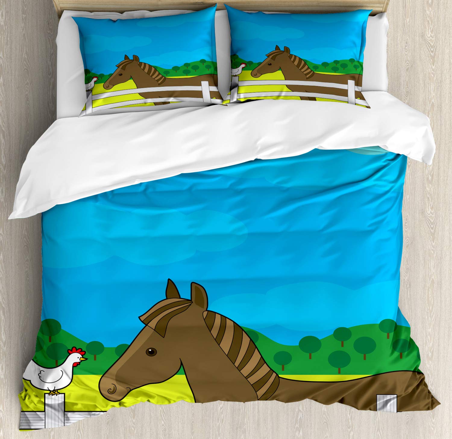 Ambesonne Pony Duvet Cover Set - Little Horse & Chicken Farm Cartoon Design, 3 Piece Queen Size Bedding Set with 2 Pillow Shams, Sky Blue Taupe - Perfect for Kids' Rooms, Farmhouse Decor & Cozy Bedroom Makeovers