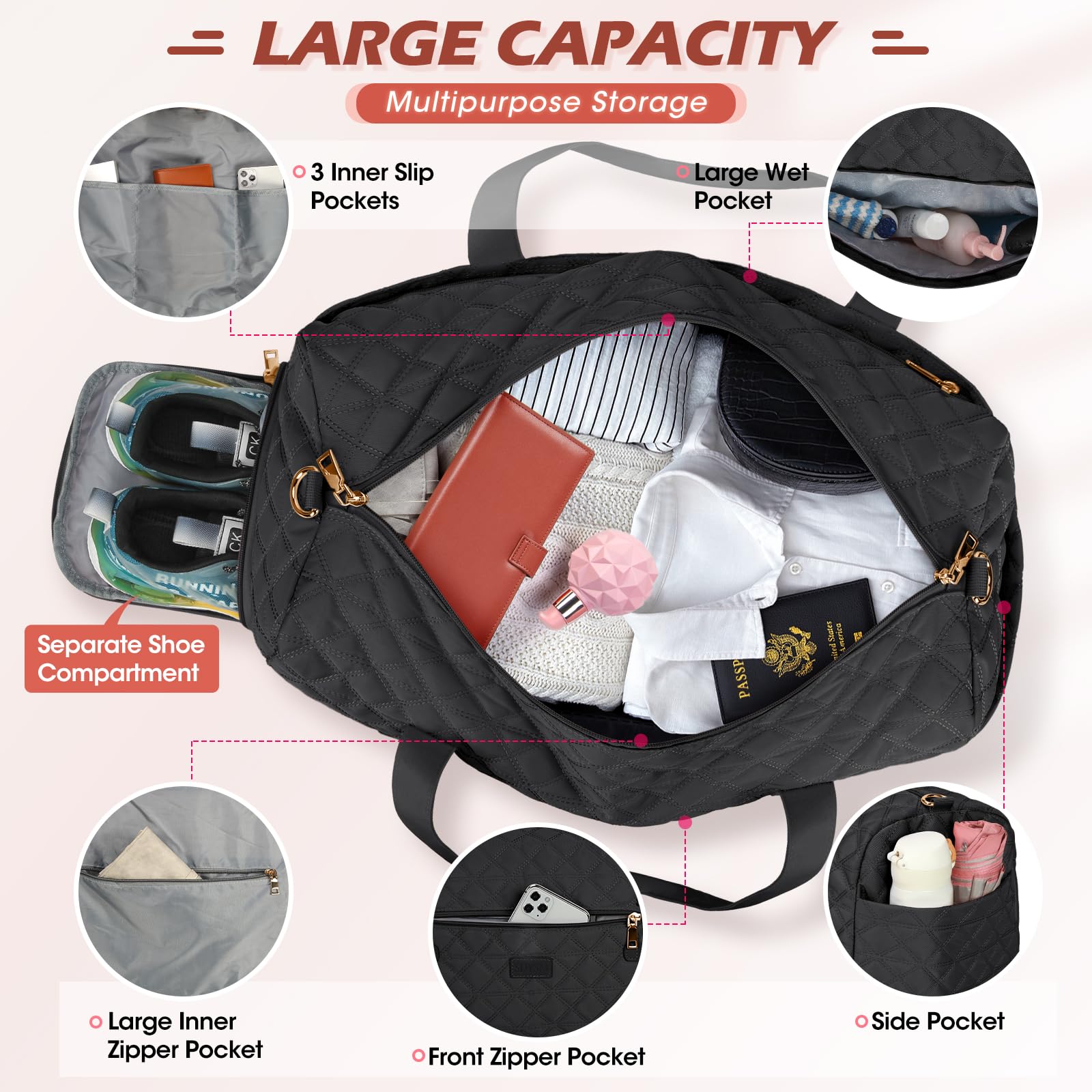 SDYSM Women's Waterproof Gym Bag with Shoe Compartment & Wet Pocket - Duffle Travel Bag for Sports, Yoga, Workout - Perfect for Gym, Travel & Weekend Getaways (Black)
