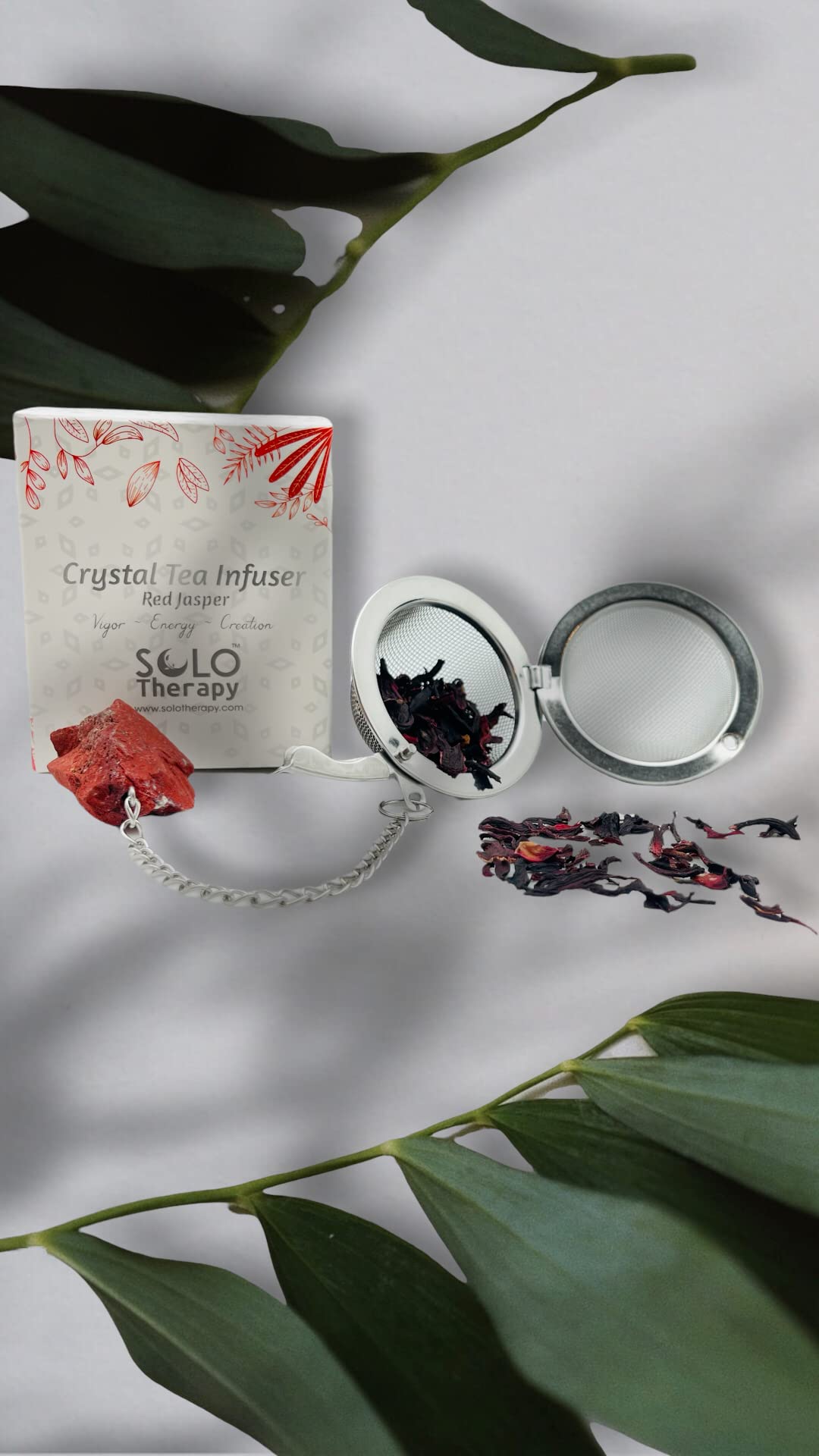 Premium Red Jasper Crystal Tea Infuser - Stainless Steel Mesh Tea Strainer with Extended Chain Hook for Loose Leaf Tea - Perfect for Home, Office & Gift Giving (Red Jasper)